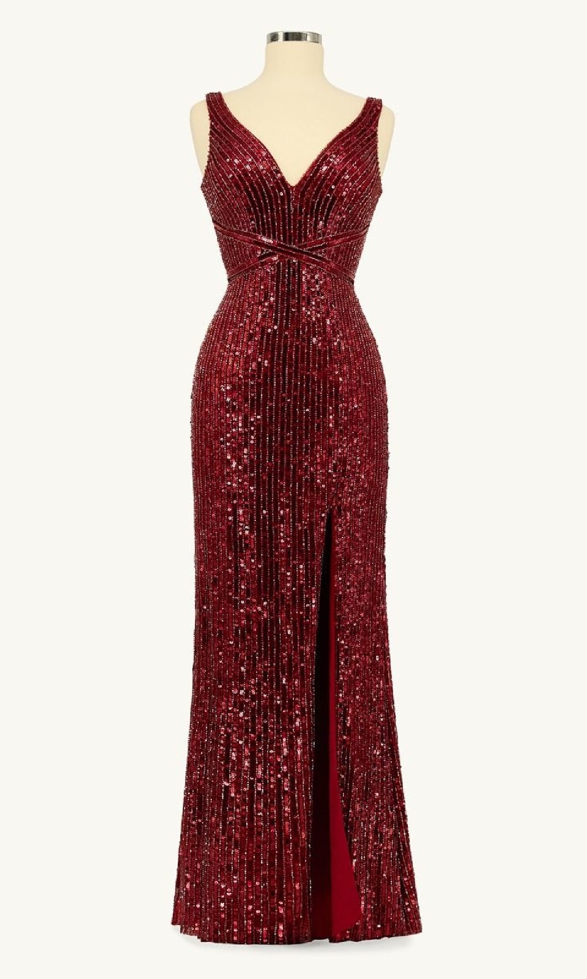 The Ladivine J2392 is a sleeveless, floor-length burgundy sequin prom dress with a V-neckline, fitted waist, and front slit, displayed on a dress form.
