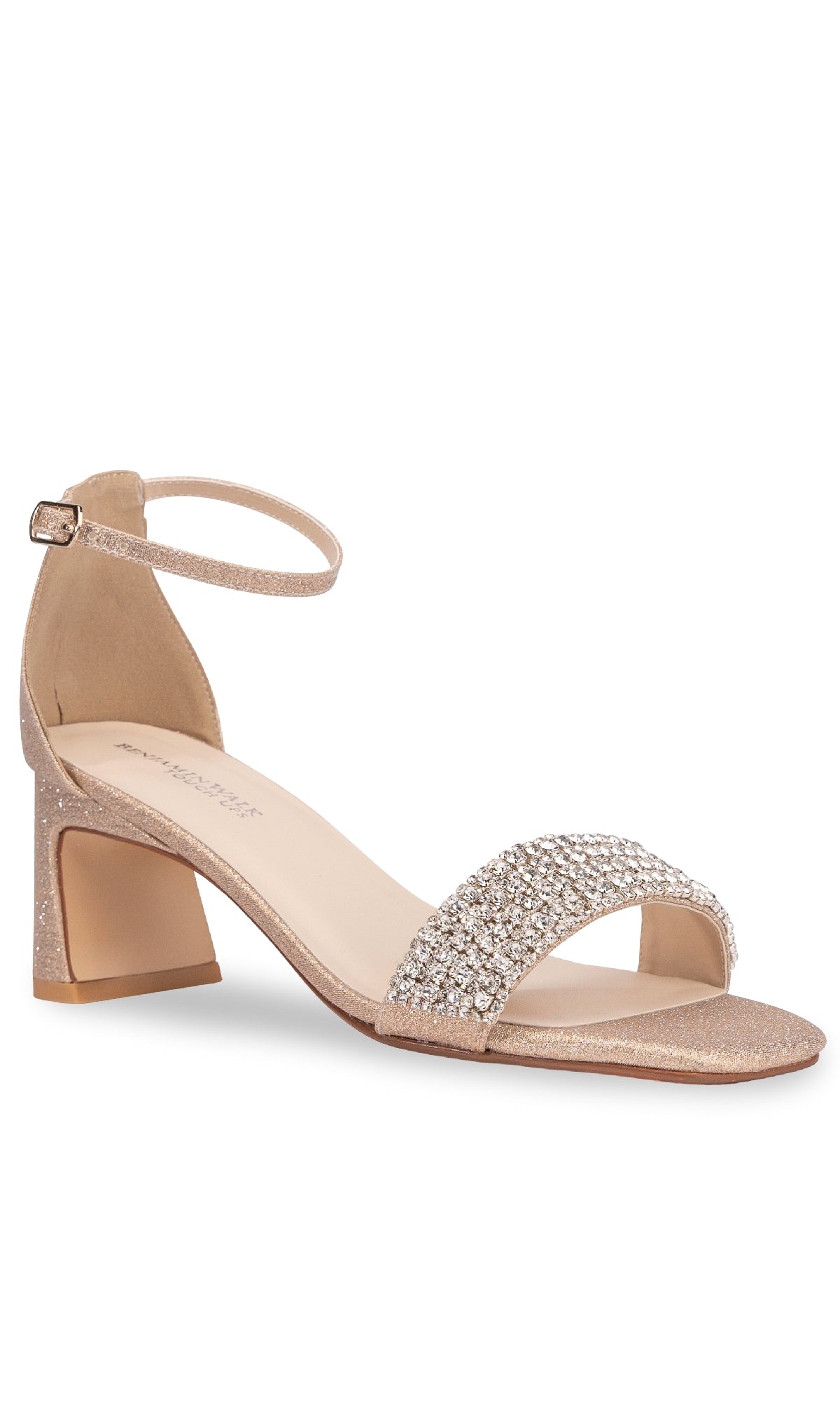 The Jade Champagne Shimmer Prom Shoes: Touch Ups 4666 are single beige low-heel sandals with ankle and jeweled front straps—perfect for adding an elegant touch to your prom look.