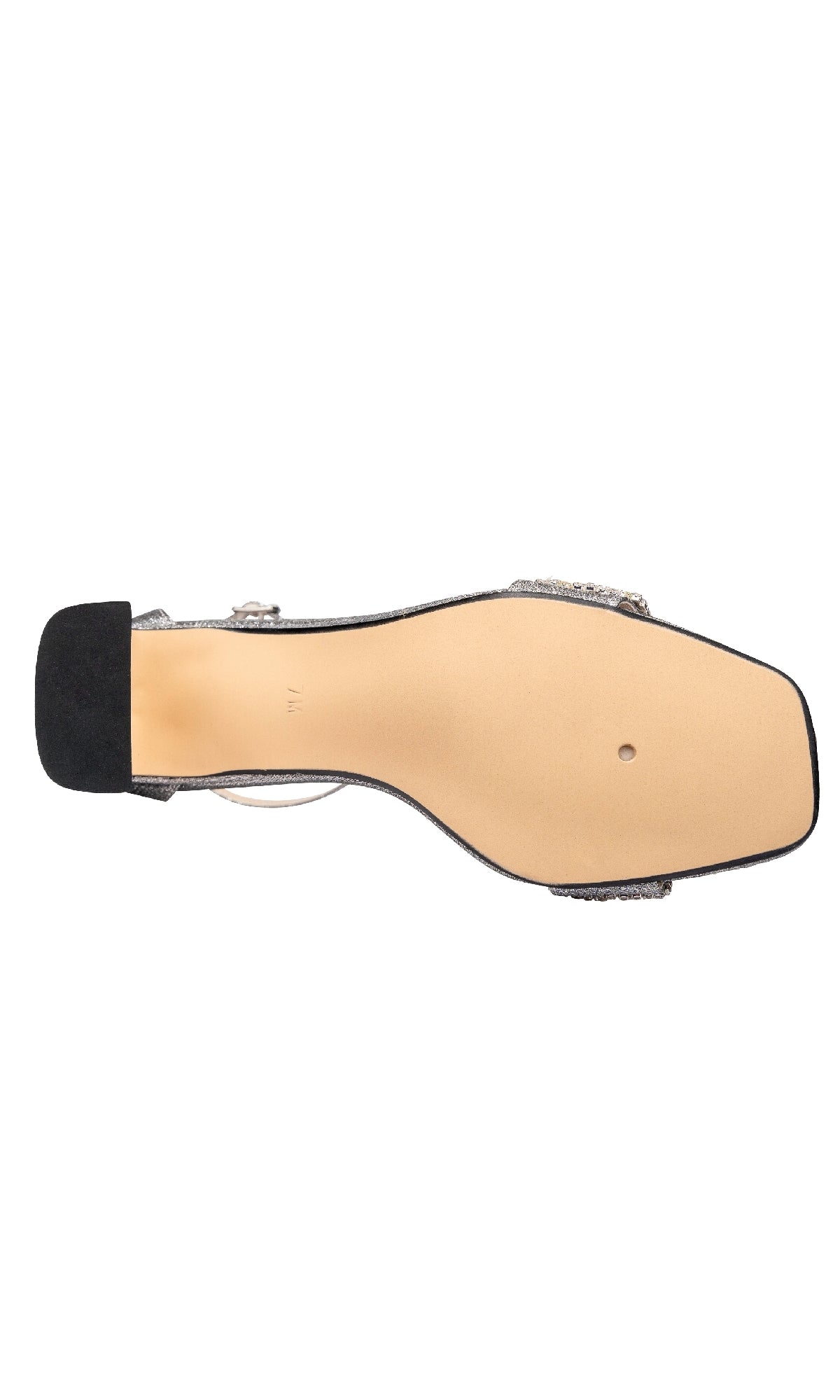 A top-down view of the Jade Pewter Prom Shoes: Touch Ups 4667—a women’s dress shoe with low heels, square toe, jeweled straps, and a beige sole—ideal for adding subtle sparkle to any outfit.