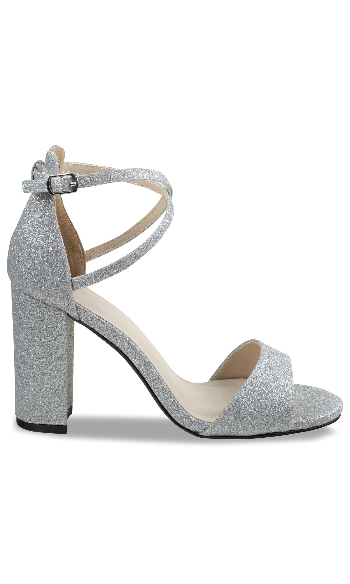 The Jordy Silver Glitter Prom Shoes: Touch Ups 4629 feature high block heels, an open toe, a single front strap, and an adjustable ankle strap—ideal for making a sparkling entrance.