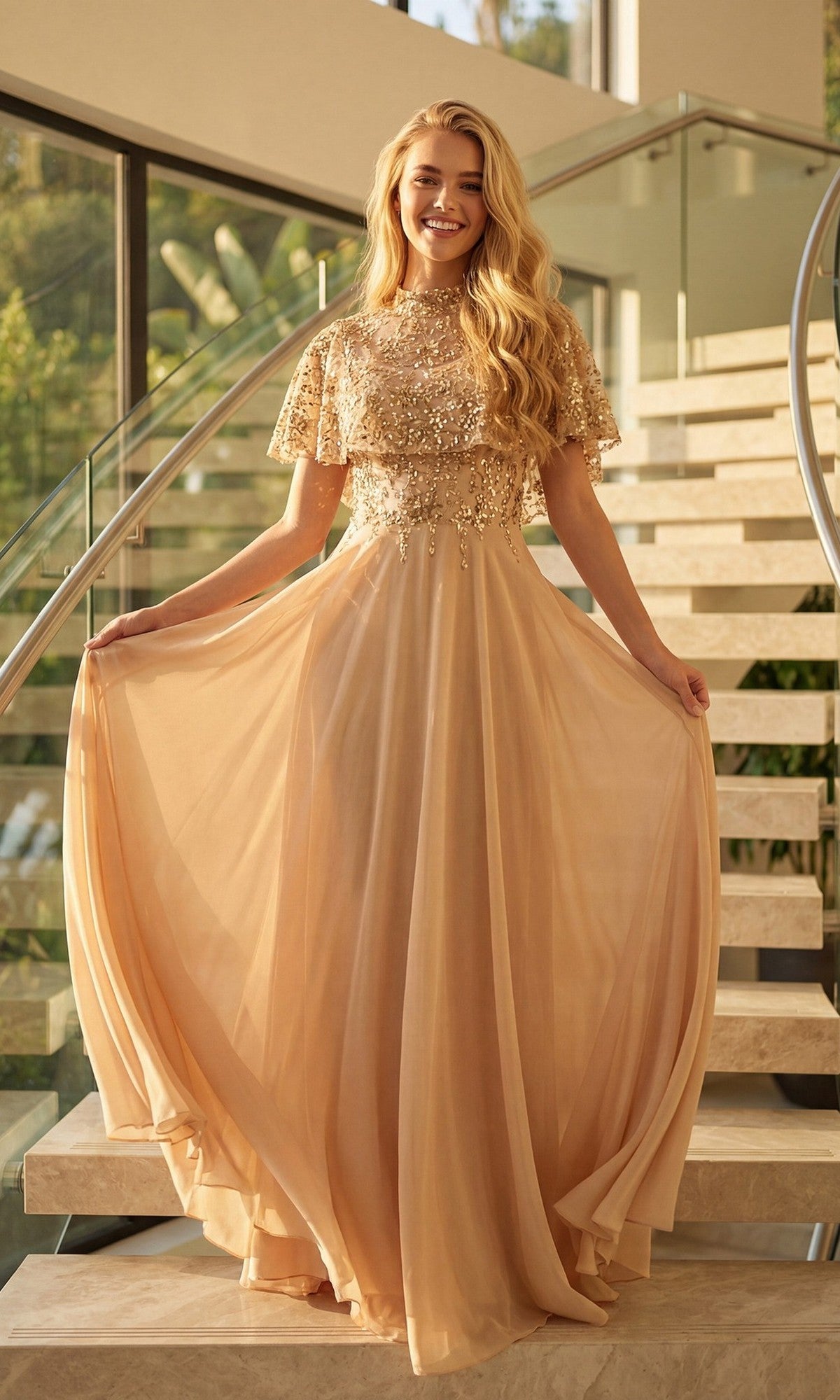 A woman in the Juliet JTM21L long formal dress in champagne—with sparkling sequin details—stands on a staircase, holding the sides of her gown and smiling.