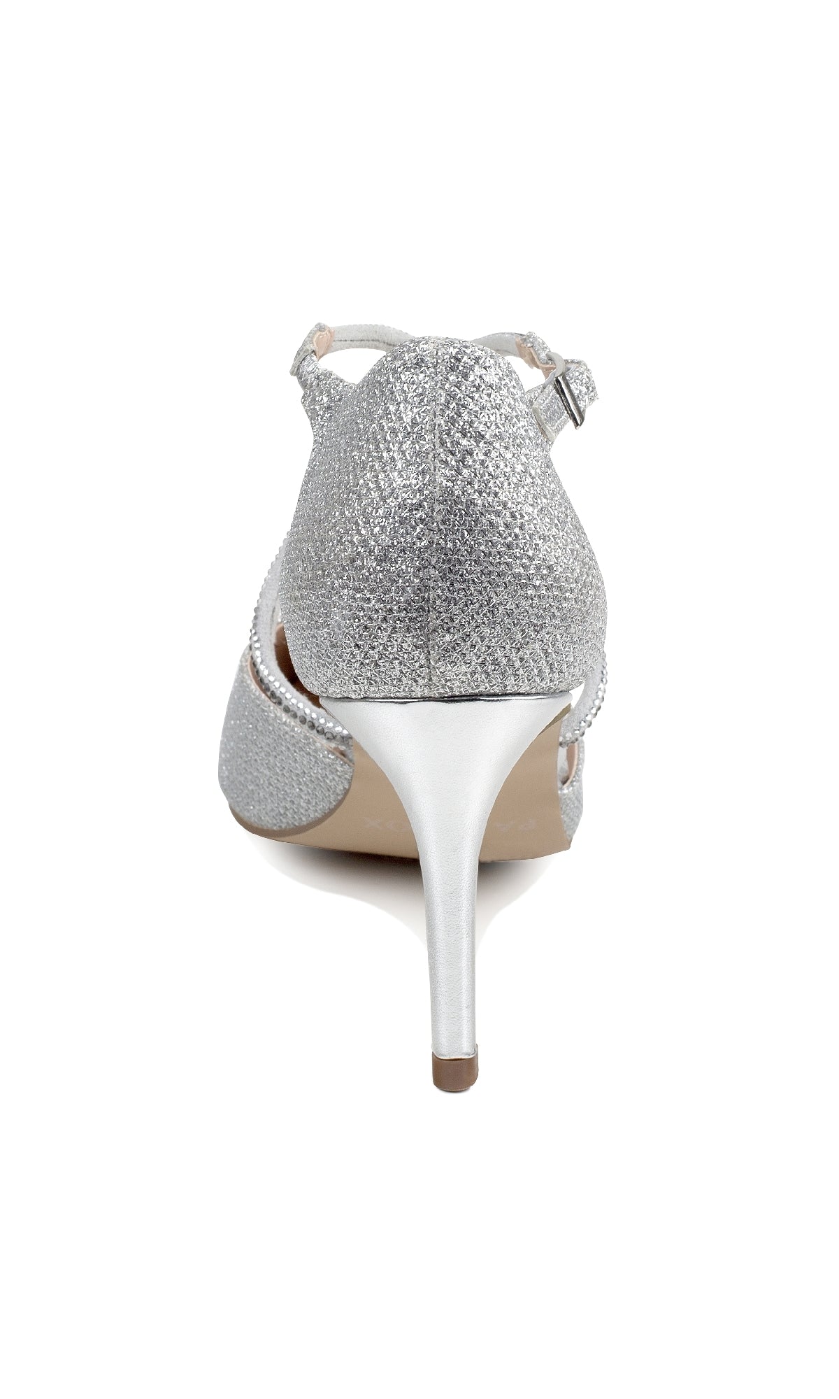 Rear view of Kennedy Silver Prom Shoes: Paradox London P2237—closed-toe stilettos with an ankle strap and silver shimmer, shining brilliantly against a white background.