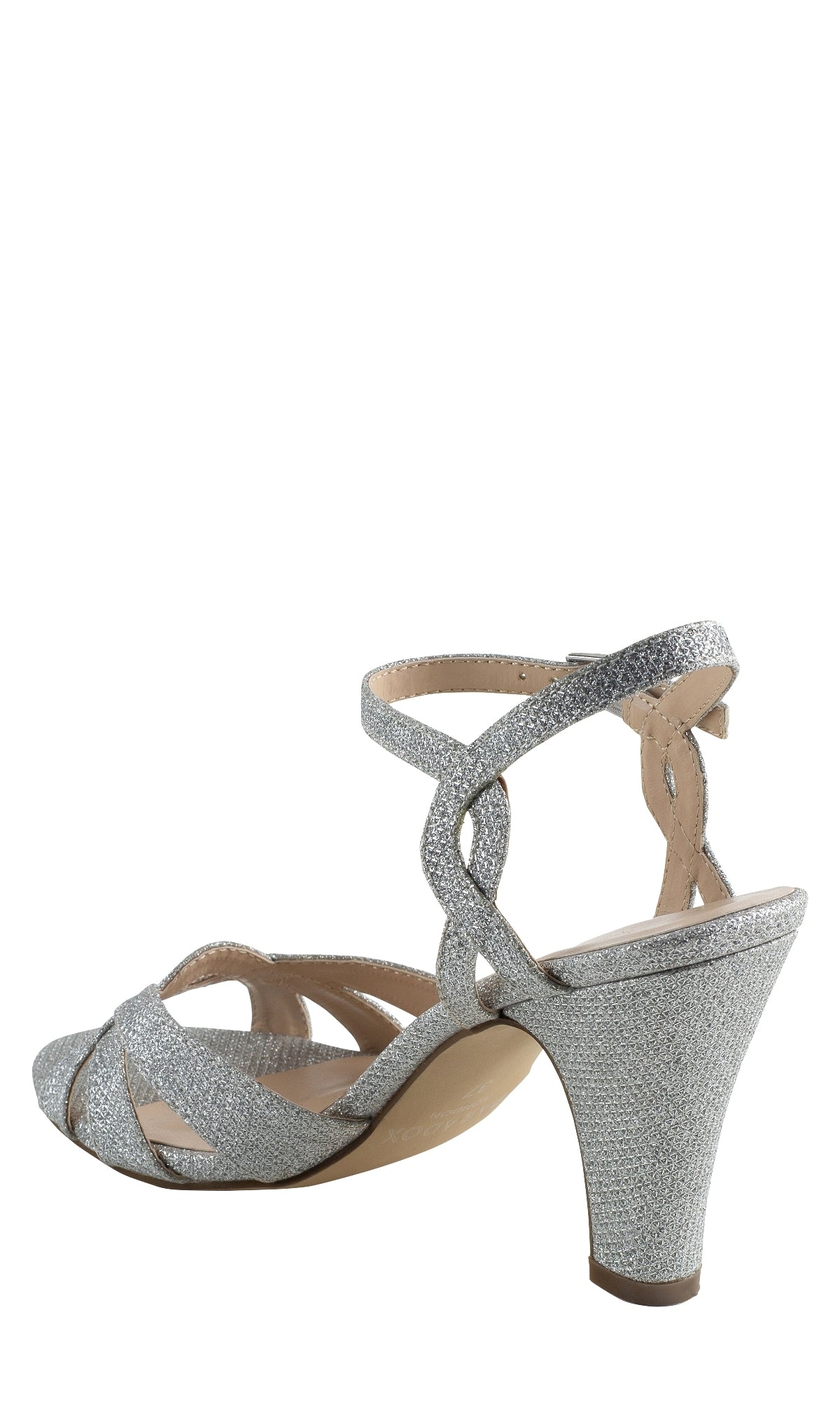 The Kitty Silver Glitter Mesh Prom Shoes (Paradox London P2105) feature high heels, crisscross ankle straps, and an open toe, shown in silver glitter mesh against a white background.