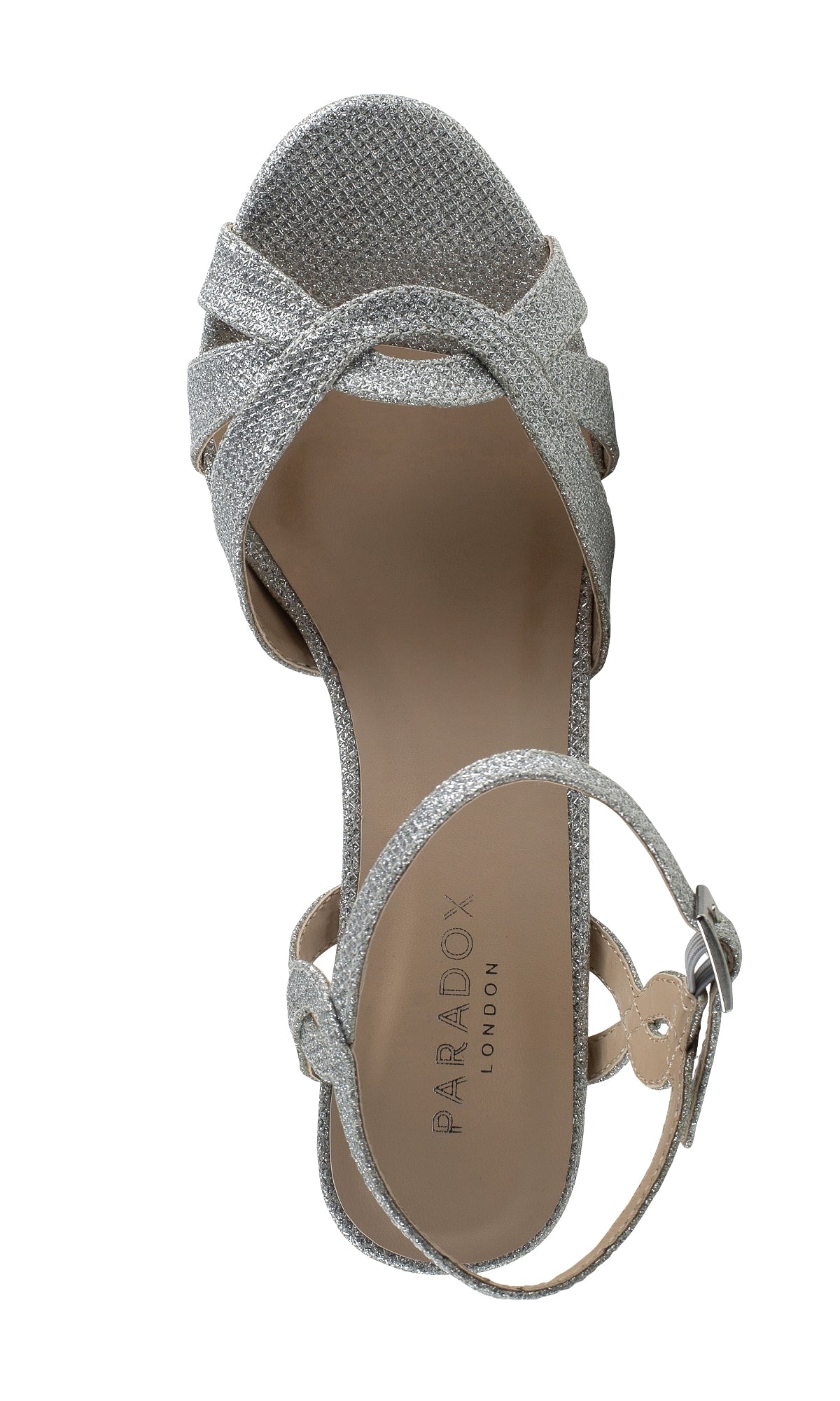 The Kitty Silver Glitter Mesh Prom Shoe by Paradox London (P2105) features a criss-cross front strap, ankle strap with buckle closure, open toe, low heel, and branded insole.