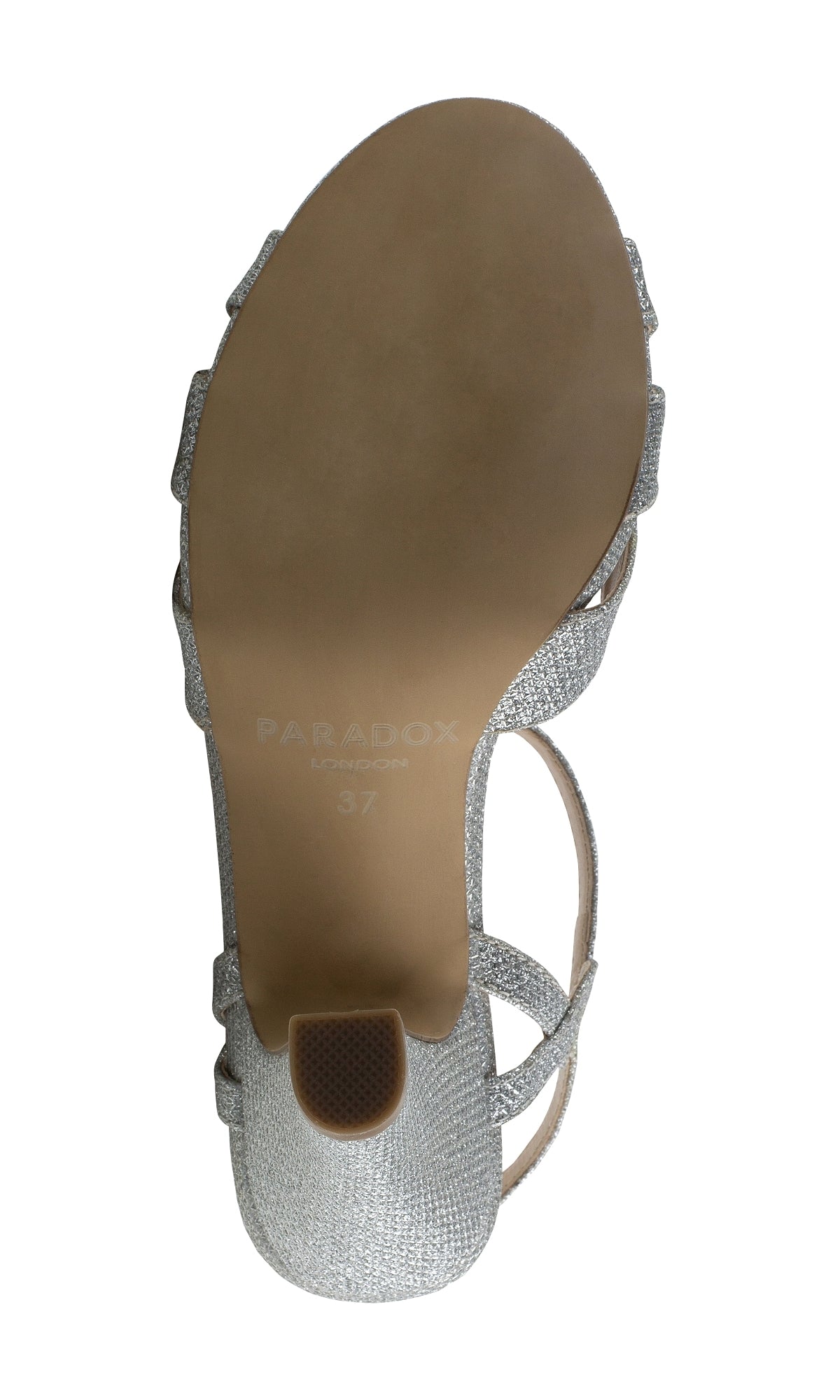 Bottom view of Kitty Silver Glitter Mesh Prom Shoes: Paradox London P2105, featuring a low block heel, open toe, and