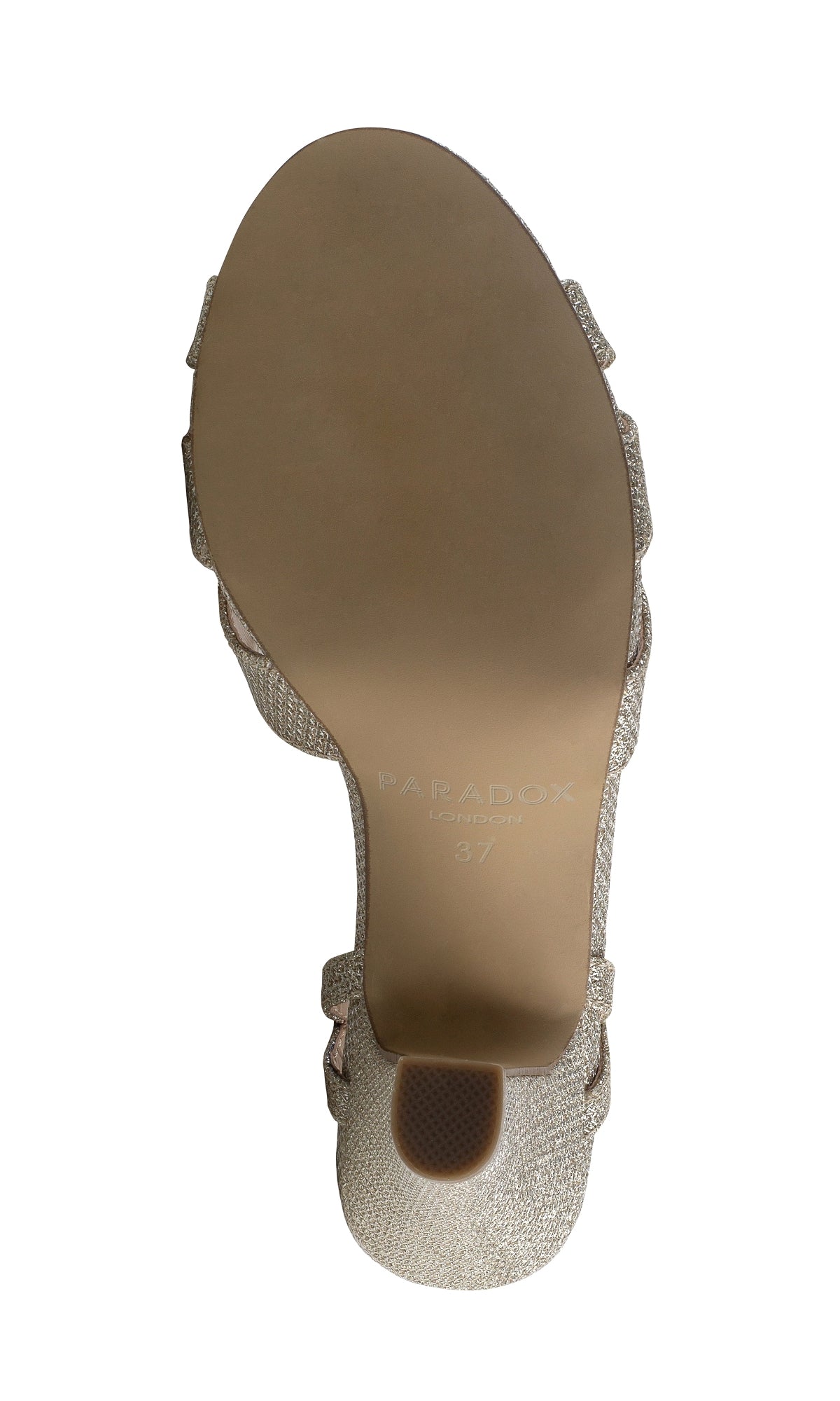 The underside of the Kitty Champagne Prom Shoes: Paradox London P2106 features a tan sole stamped with
