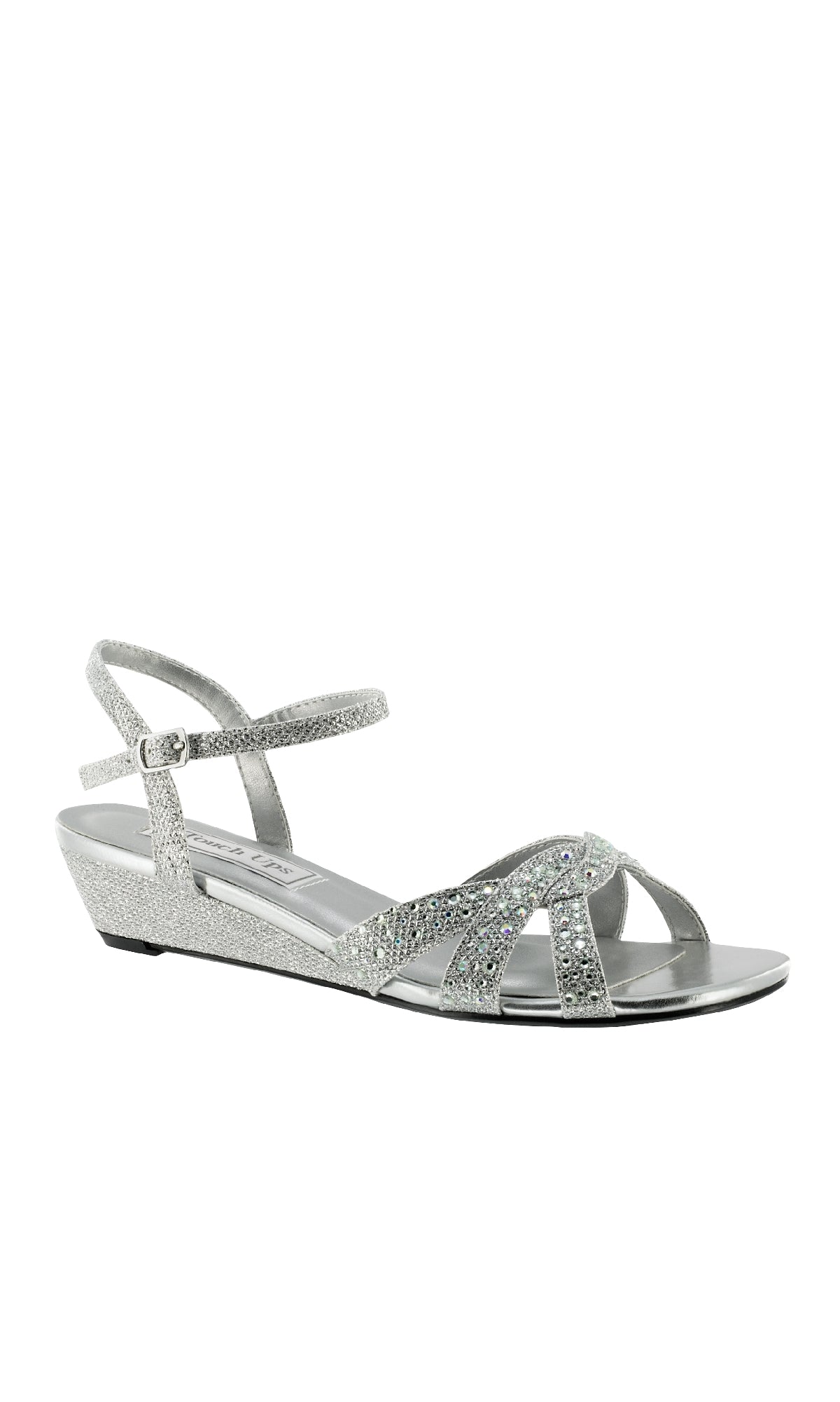Lena Open-Toe Silver Prom Shoes by Touch Ups (4316) feature a low wedge heel, glittery finish, and ankle strap with buckle—stylish formal wedges ideal for prom.