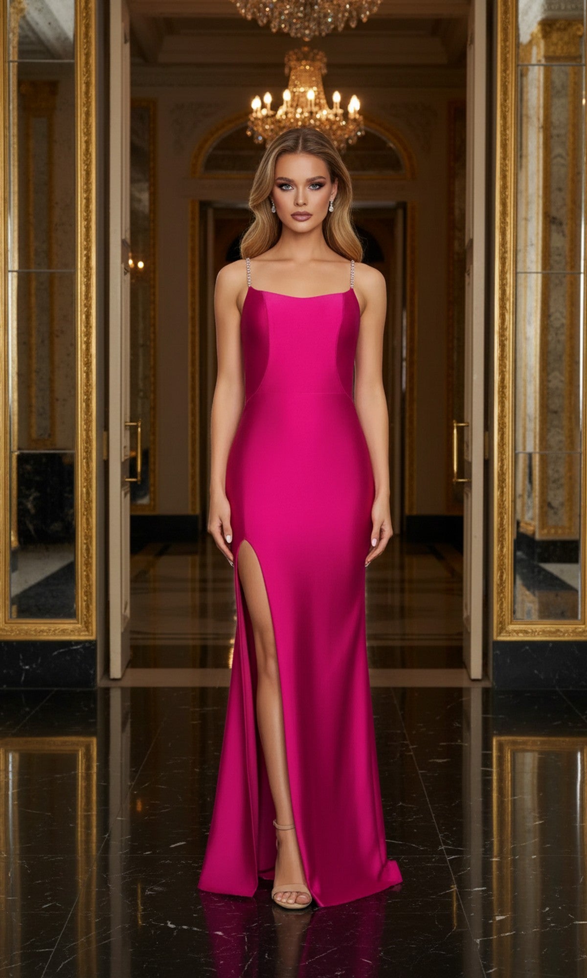 A woman stands in an elegant room, posing in front of ornate mirrors and chandeliers, wearing the La Femme Bright Long Prom Dress with thin straps and a high slit.