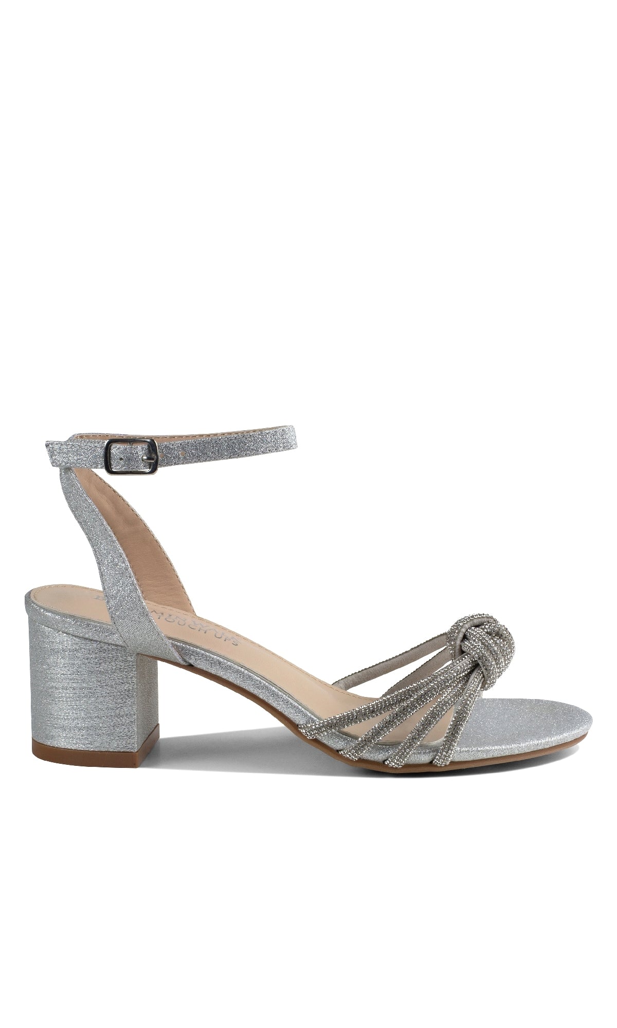 The Libra Silver Glitter Prom Shoes (Touch Ups 4651) feature a silver open-toe design with a low block heel, ankle strap, and knotted multi-strap front—an ideal stylish choice for prom.