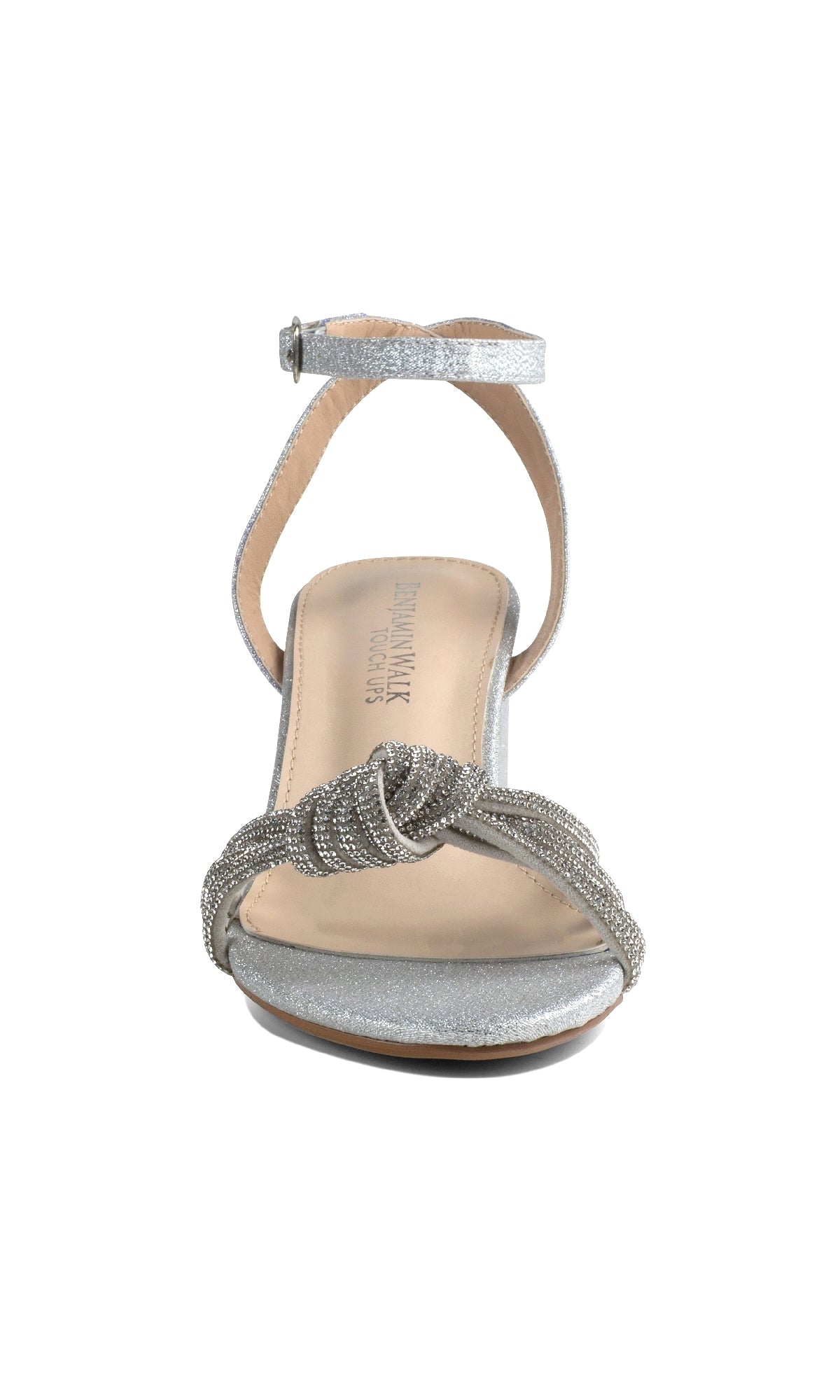 Front view of the Libra Silver Glitter Prom Shoes (Touch Ups 4651) featuring an open toe, ankle strap, and knotted toe detail, shown on a white background. Ideal low heel prom shoes for stylish comfort.