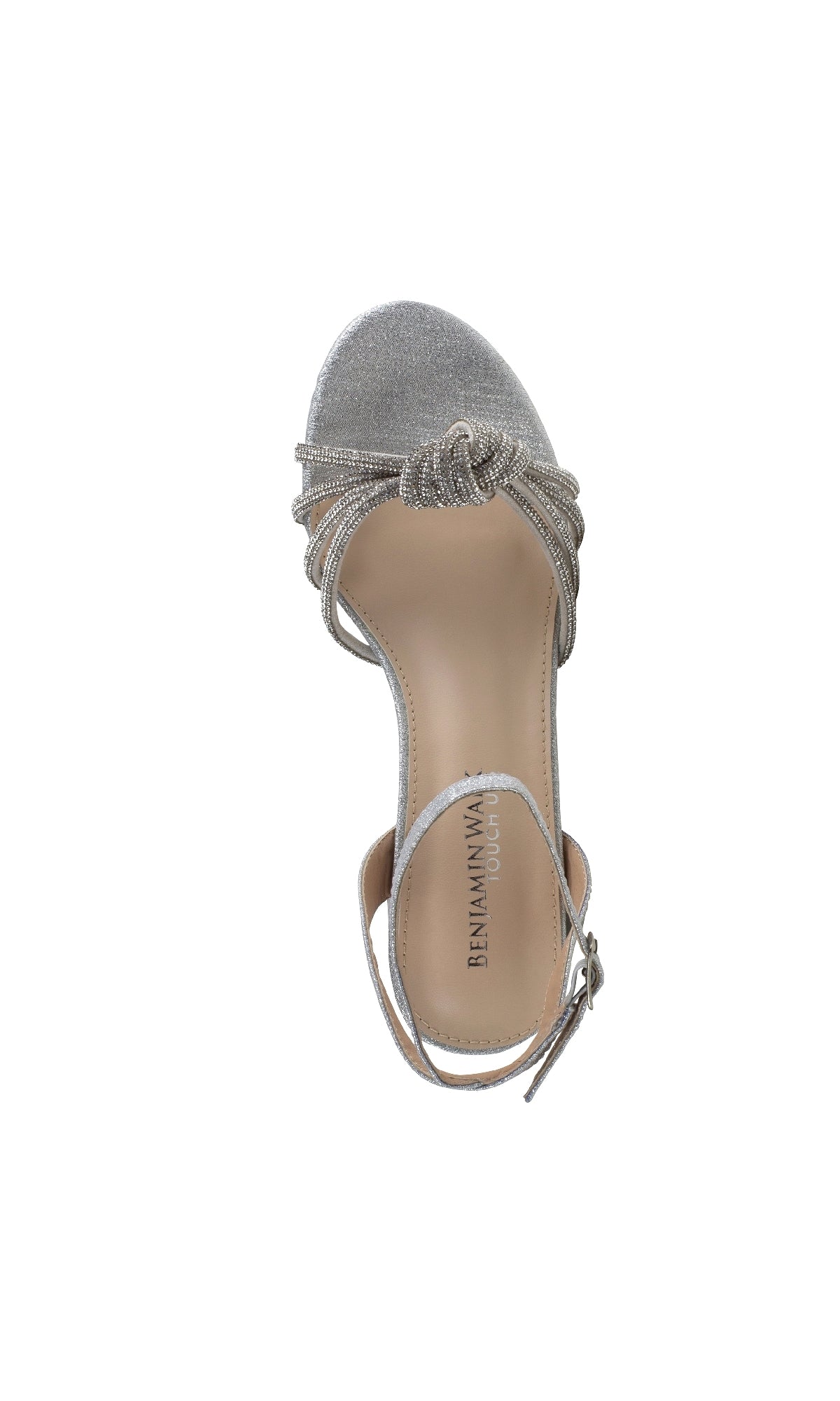 The Libra Silver Glitter Prom Shoes (Touch Ups 4651) are silver open-toe sandals with a knotted strap, ankle buckle, low block heel, and an insole labeled