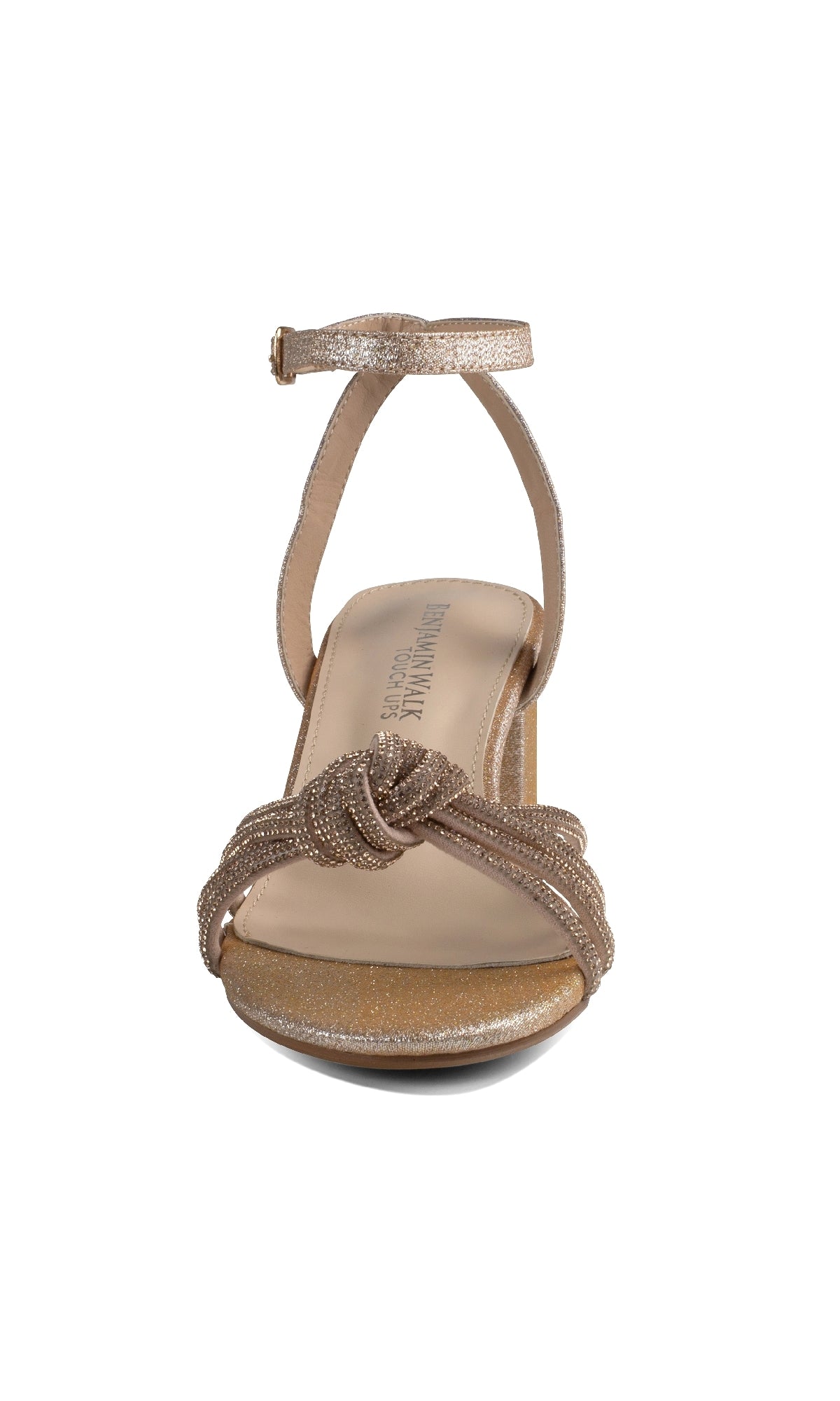 The Libra Champagne Glitter Prom Shoes (Touch Ups 4652) feature a gold glitter open toe, ankle strap, and knotted front on a comfy block heel—perfect for adding style to any glamorous event.