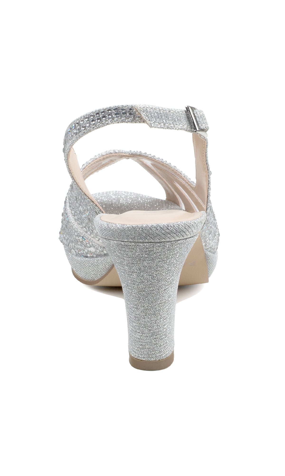 The Linda Silver Glitter Prom Shoes (Paradox London P2234) feature high heels, an ankle strap, a closed heel, and an open toe. Shown from the back on a white background, these dazzling shoes are perfect for prom.