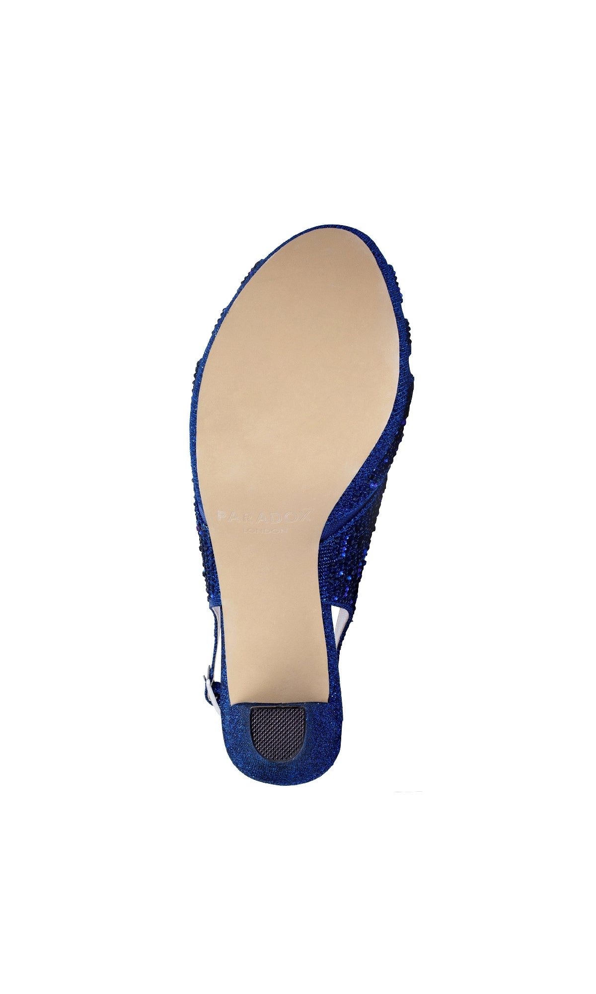 The image displays the bottom view of the Linda Navy Blue Glitter Prom Shoes: Paradox London P2235, featuring a blue flat design with a beige sole and textured heel for comfortable, stylish prom wear as an alternative to classic high heels.