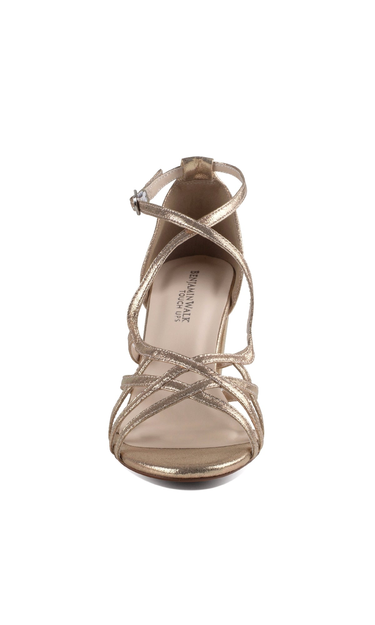 Front view of the Lupe Champagne Shimmer Prom Shoes by Touch Ups 4622, a metallic gold open-toe style with strappy low heels, ankle strap, and chic buckle closure.