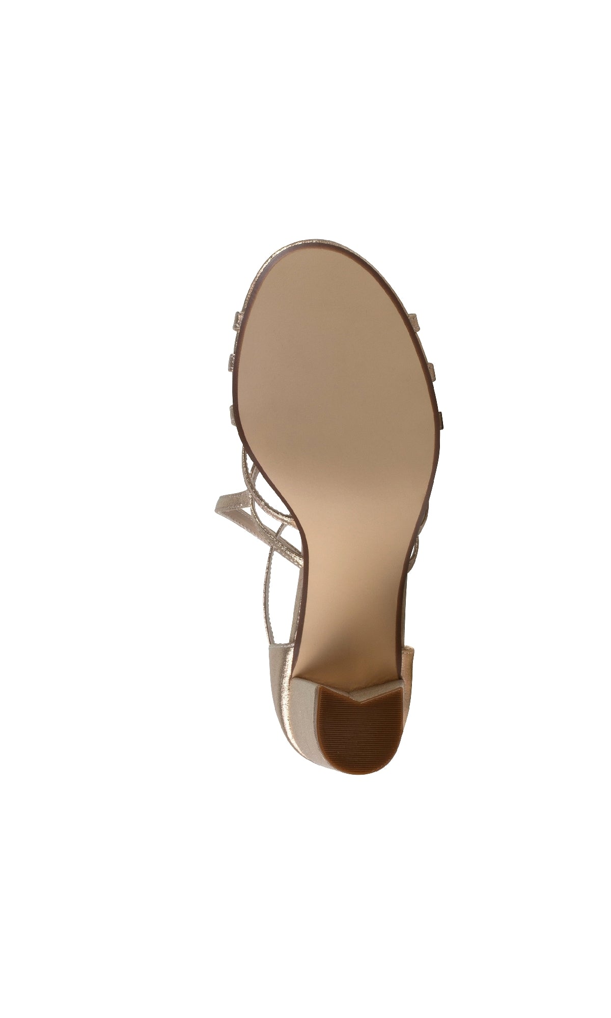 The Lupe Champagne Shimmer Prom Shoes (Touch Ups 4622) are beige high-heeled sandals with a smooth sole and open toe design, elegantly photographed against a white background.