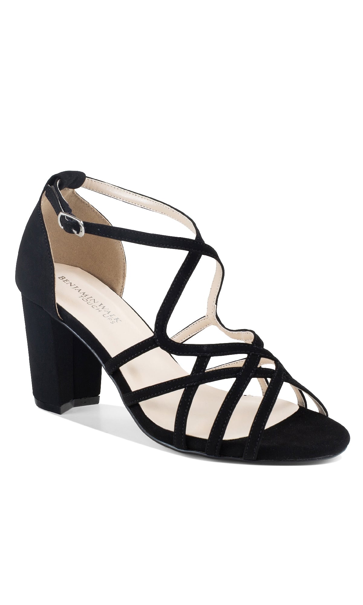 The Lupe Black Prom Dress Shoes: Touch Ups 4623 are black strappy sandals with a mid-height block heel, ankle strap, open toe, and geometric cutouts—ideal elegant black prom shoes or chic low heel prom shoes.