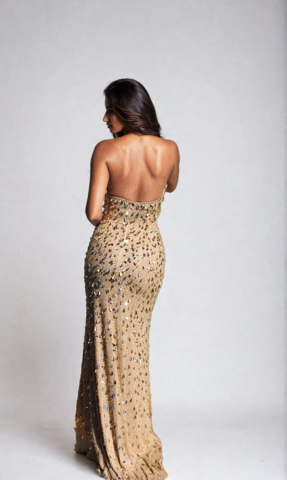 A woman faces away, wearing the Aleta Halter Beaded Champagne Prom Dress 1197, a floor-length gown with shimmering embellishments, set against a plain light background.