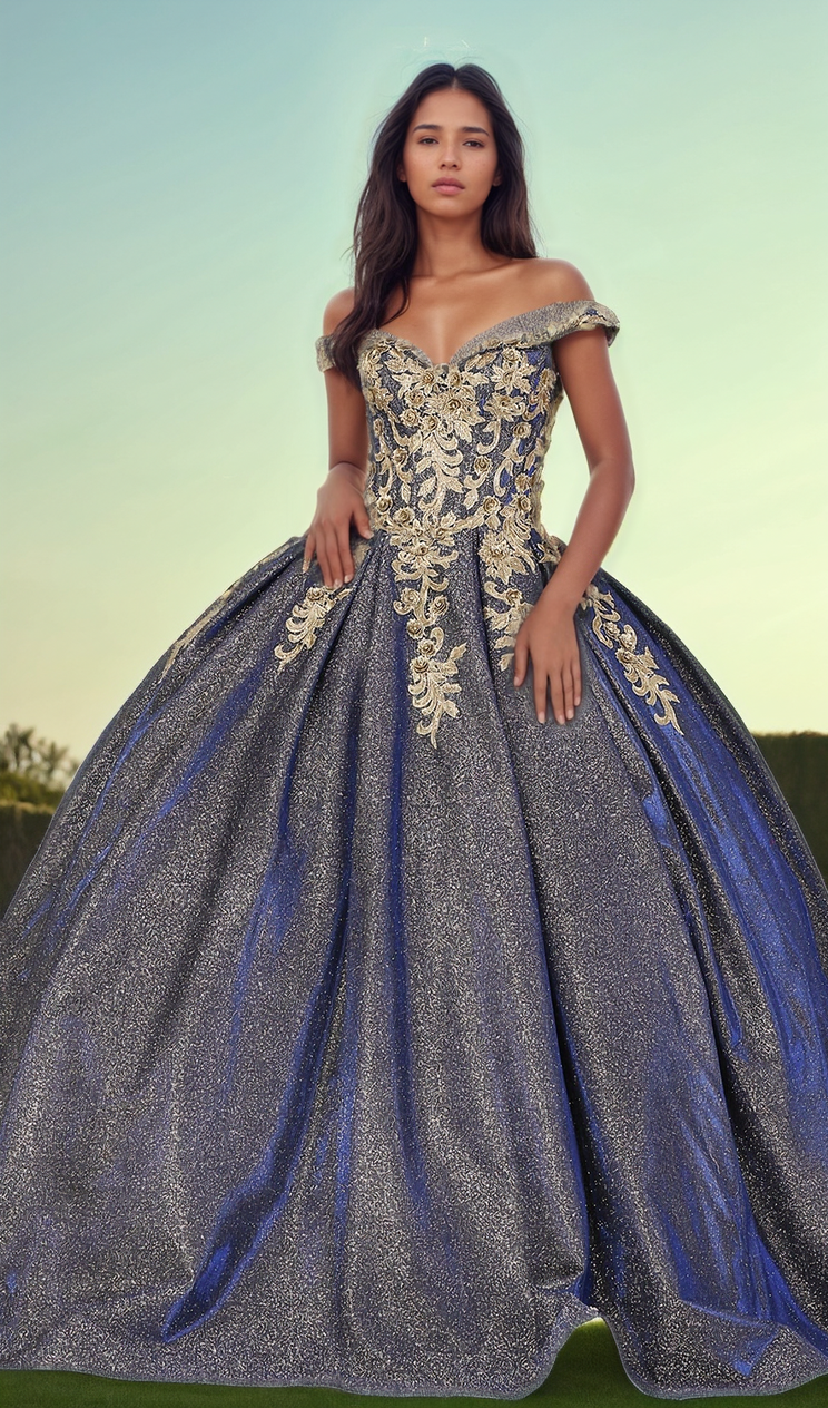 A woman stands outdoors in the Quinceanera Dress 1504 by Dancing Queen, an off-the-shoulder A-line ball gown with gold embroidery, shimmering under a clear sky.