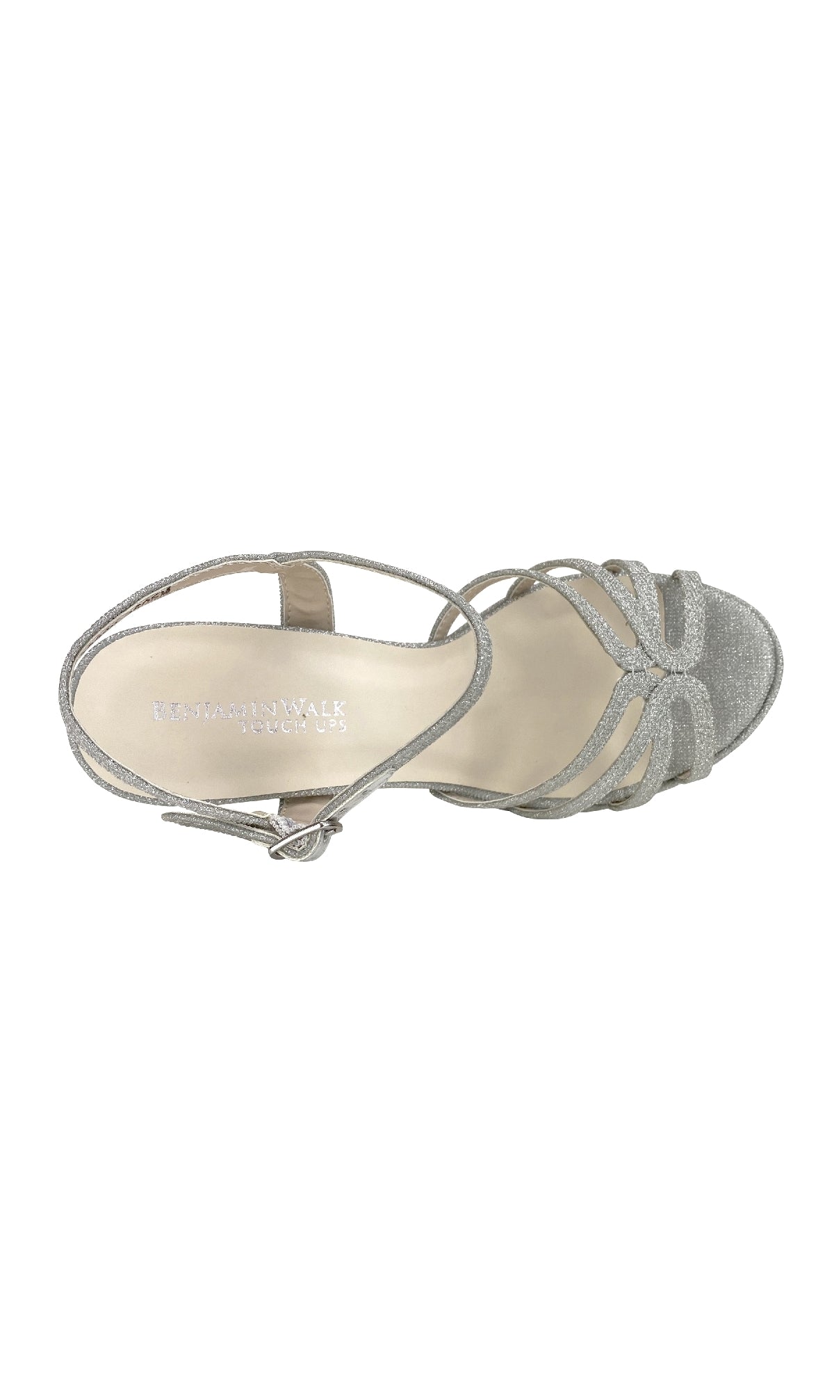 Top view of Mae Silver Glitter Prom Shoes: Touch Ups 4505, showcasing an open-toe design, ankle strap, crisscross front, and sleek stiletto heels.
