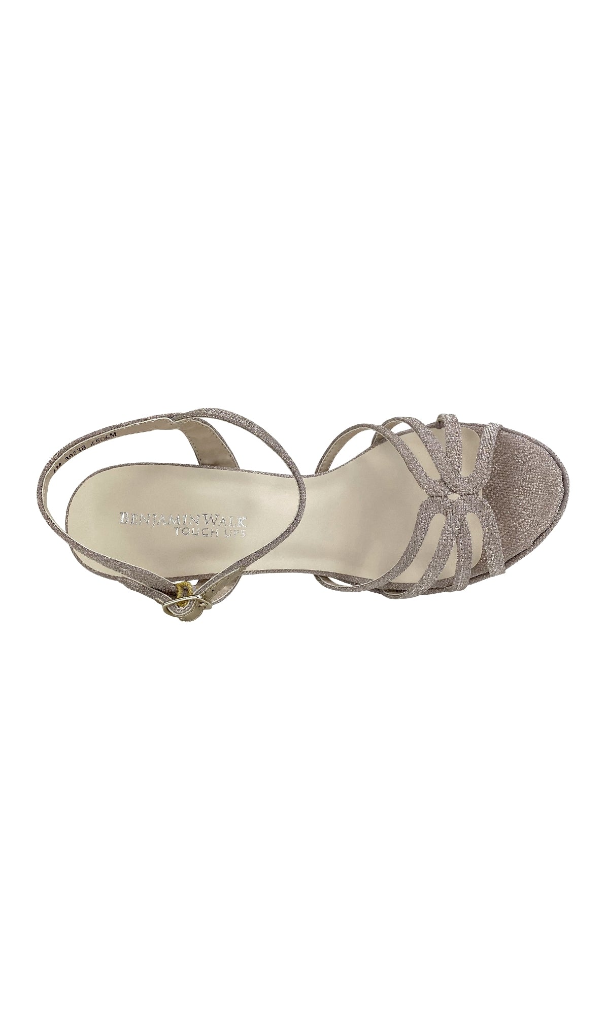Top view of Mae Champagne Glitter Prom Shoes: Touch Ups 4506, an open-toe strappy sandal with ankle strap, stiletto heels, and metallic buckle in a sparkling champagne glitter finish.