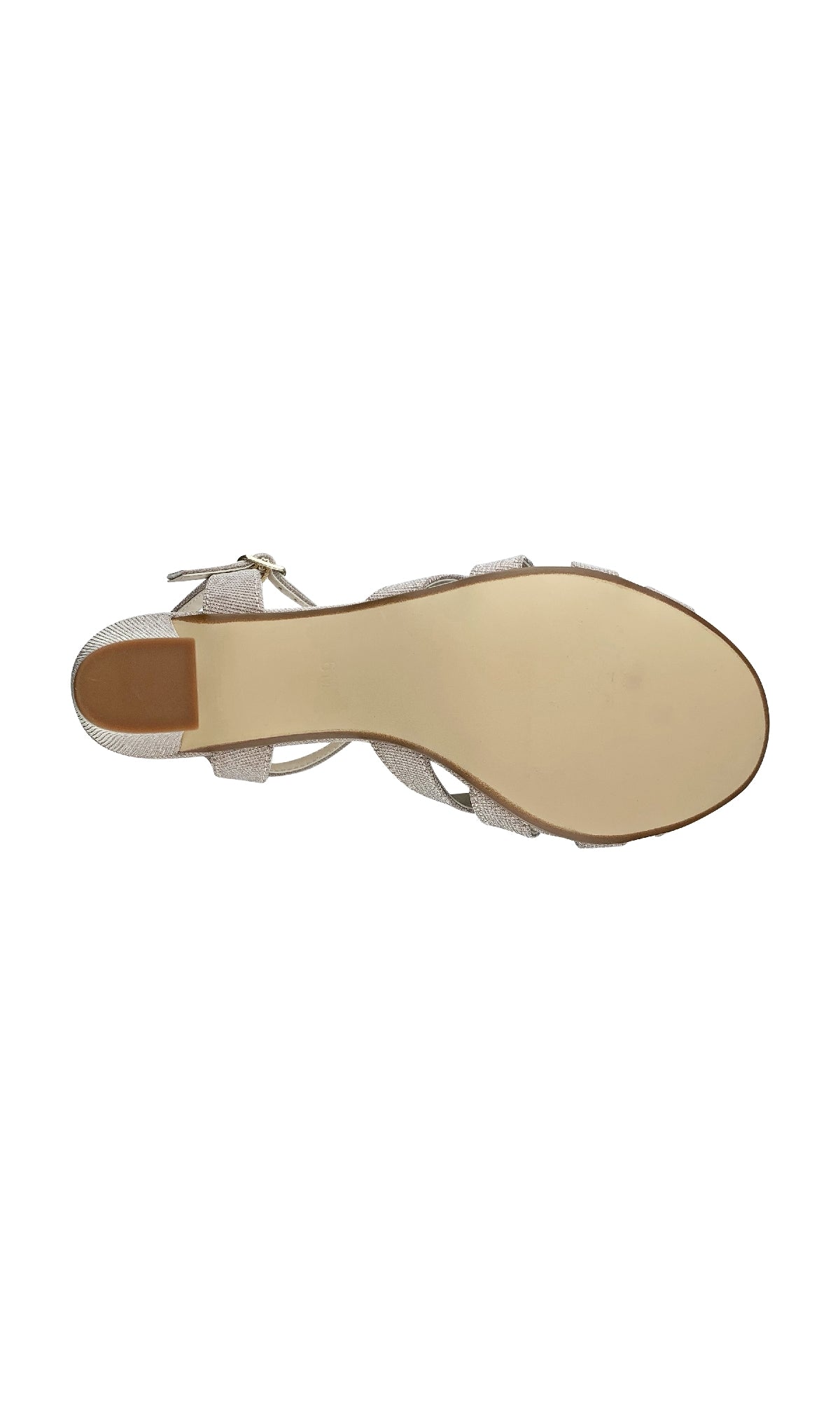 A top-down view of the Maeve Champagne Glitter Prom Shoes: Touch Ups 4529 shows an open-toe sandal with a smooth beige sole, glittery metallic straps, and a buckle at the heel—ideal for prom.