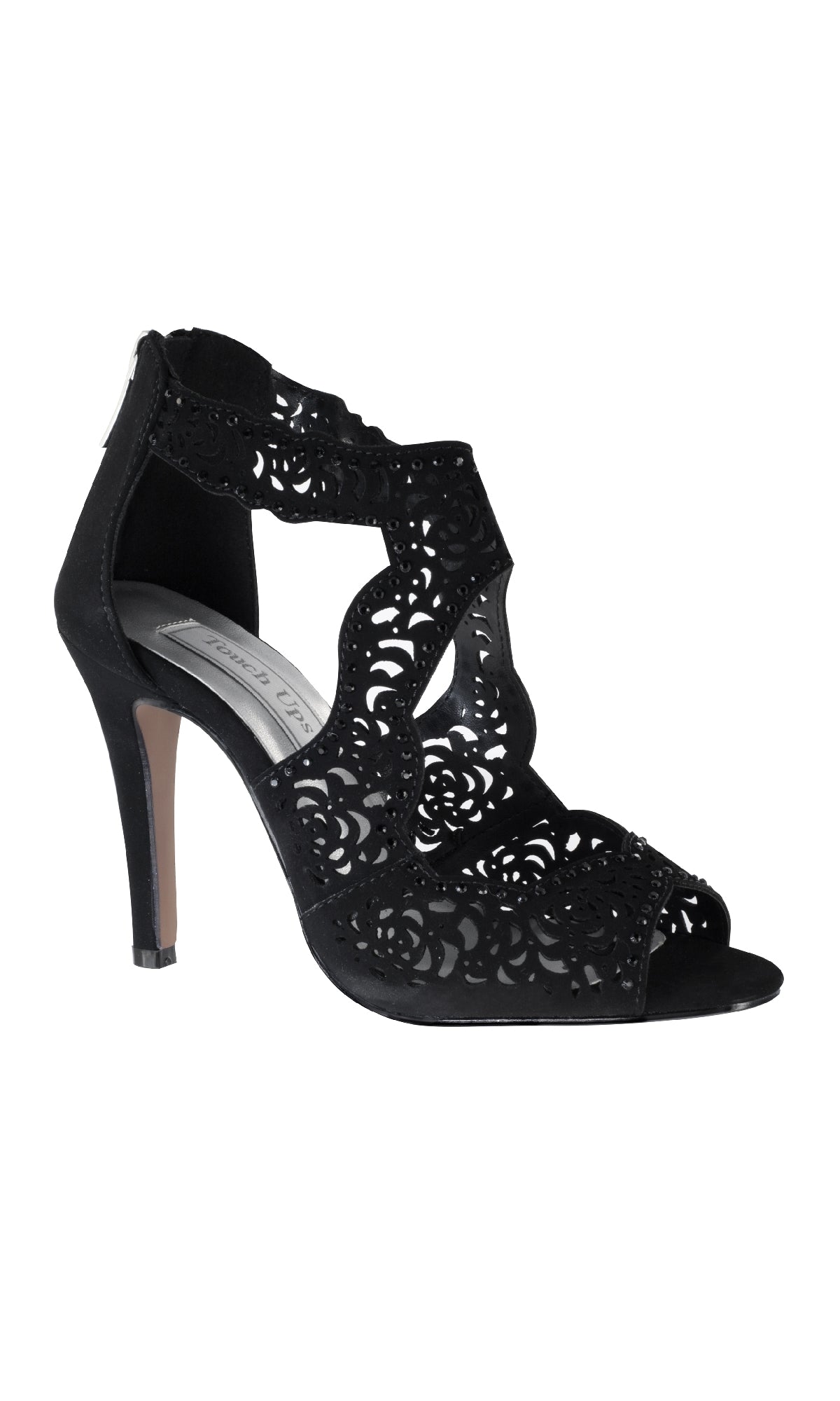 Margot Black Stiletto Prom Shoes: Touch Ups 4296—elegant high-heeled sandals with laser-cut floral patterns, open toe, and ankle strap; perfect for your next black lamy prom shoes.