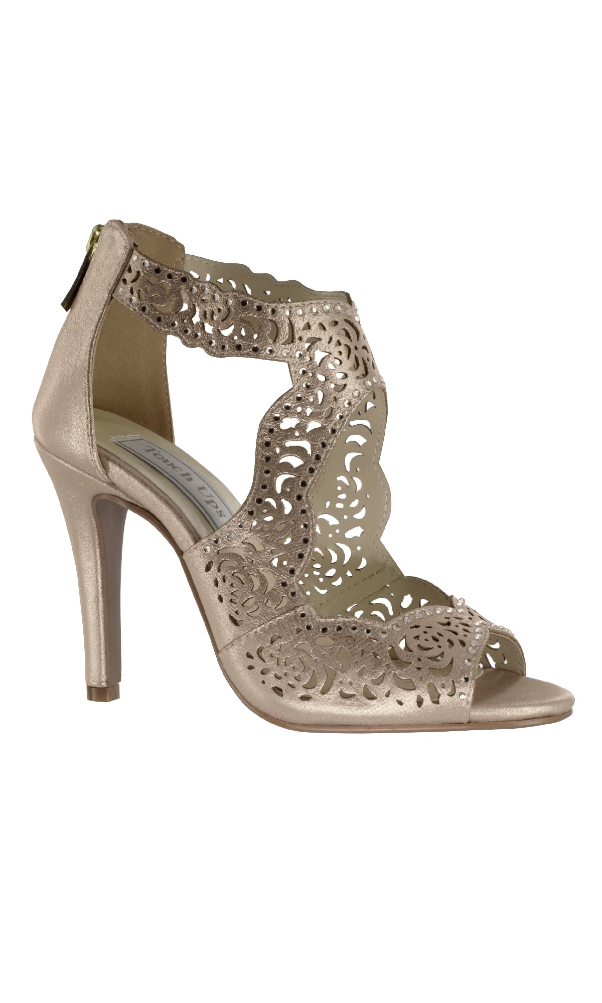 Margot Champagne Shimmer Prom Shoes by Touch Ups 4297 feature metallic stiletto heels, intricate laser-cut details, open toe, and a back zipper closure—ideal for prom or special occasions.