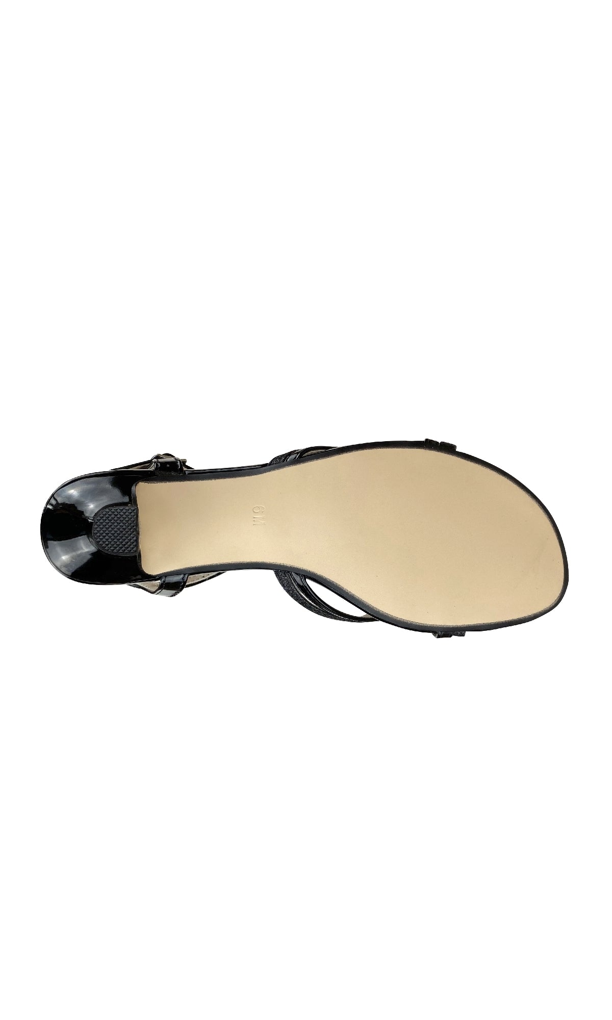 Bottom view of Melanie Black Glitter Prom Shoes: Touch Ups 305, featuring a smooth beige sole and thin ankle strap, against a white background—perfect open-toe sandals for your next special occasion.