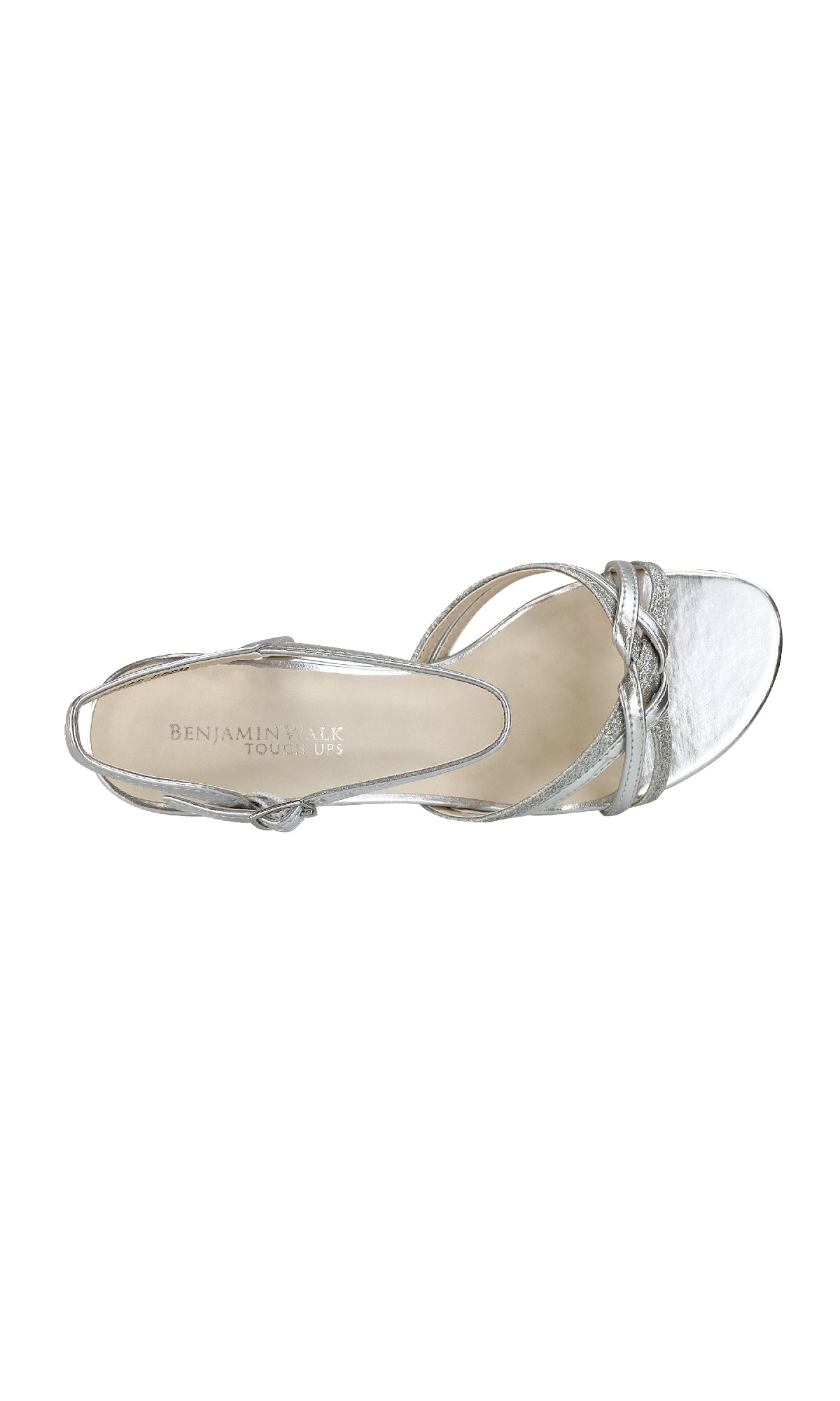 The Melanie Open-Toe Silver Prom Shoes: Touch Ups 896 feature a slingback strap, metallic finish, and beige branded Benjamin Walk Shoes insole. These low heel formal shoes are perfect for any special occasion.