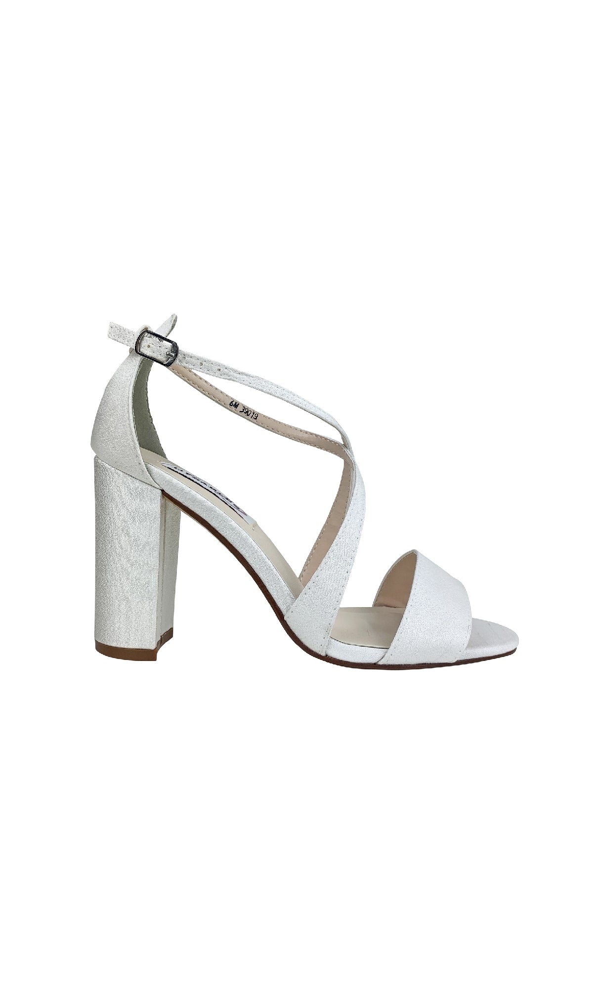 The Micah White Crepe Prom Shoes (Dyeables 4321) feature an open toe, ankle strap, and block heels, shown on a plain white background.