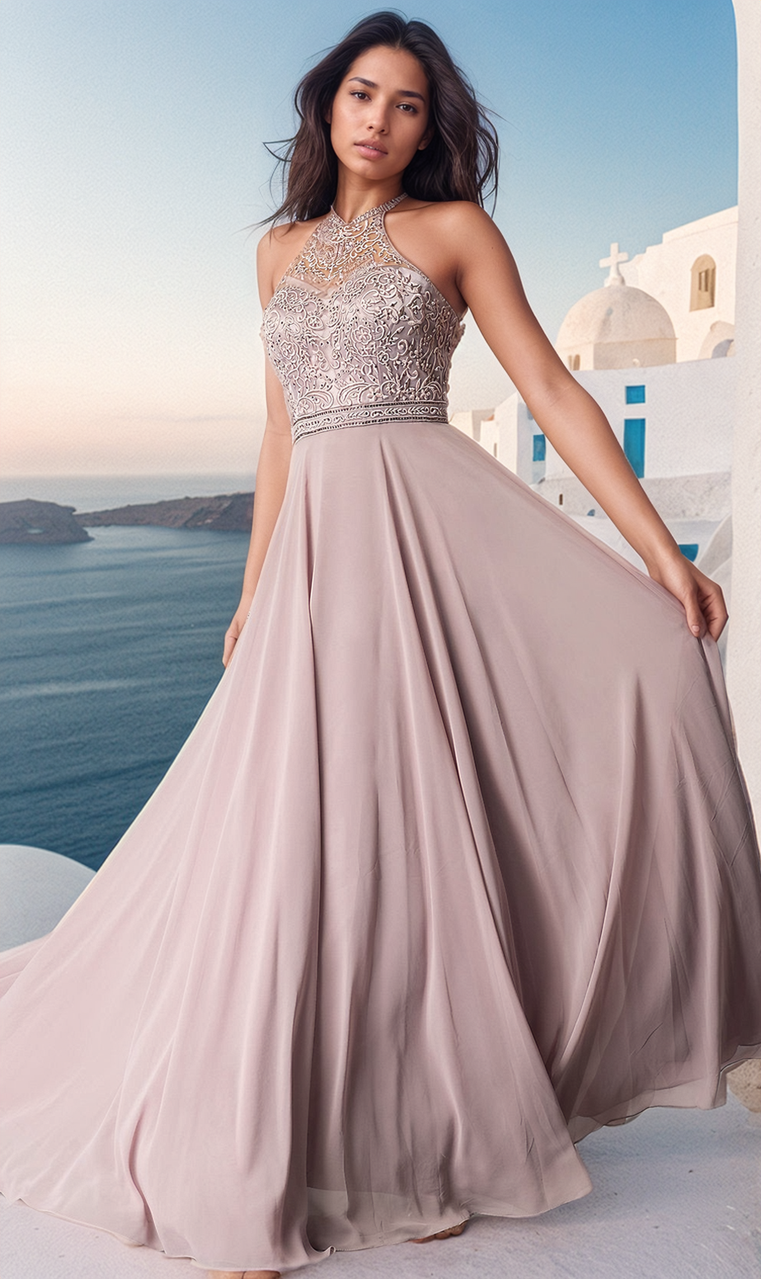 A woman stands outdoors by white buildings overlooking the ocean, her Embroidered-Bodice High-Neck Long Chiffon Prom Dress in light pink catching the breeze.