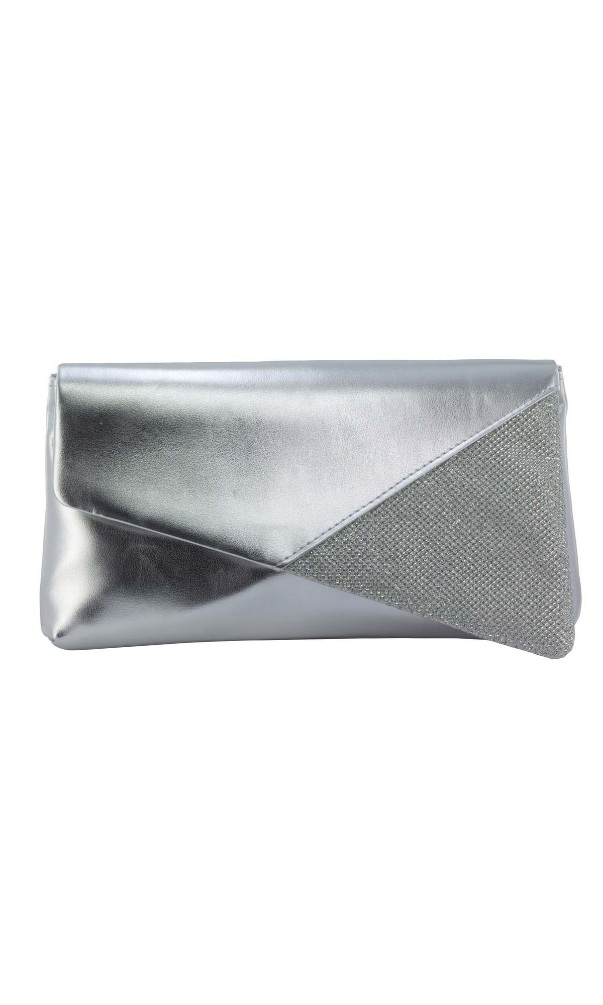 Morgan Silver Prom Clutch: Touch Ups B765 in silver metallic, featuring an angled triangular panel covered in clear crystals.