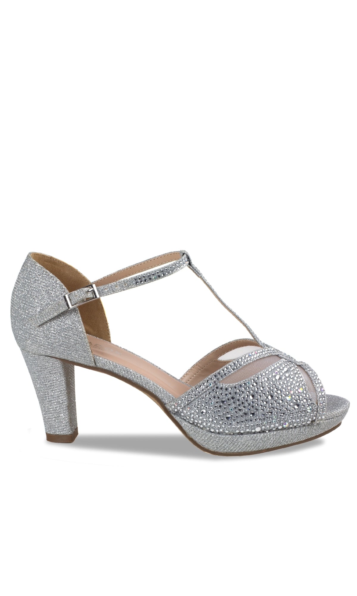 The Nora Silver Shimmer Prom Shoes (Paradox London P2226) feature a closed heel, T-strap design, low heel, and open toe—adding sparkling elegance to any dance floor, as shown on a white background.