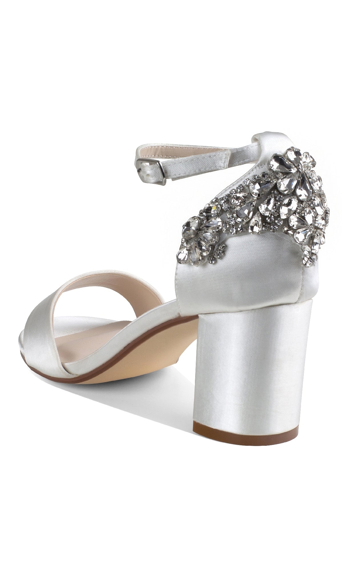The Olivia White Satin Prom Shoes (Dyeables 4635) feature an open toe, block heel, ankle strap, and jeweled heel counter—perfect for adding glamour to any look.