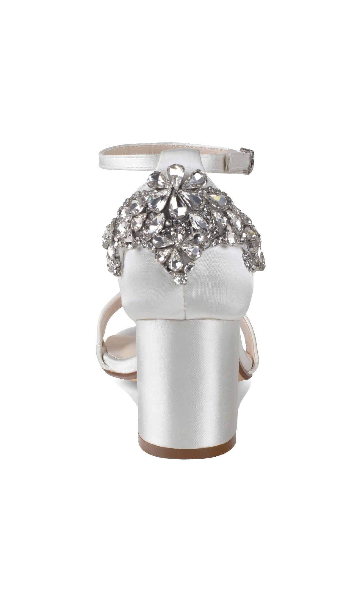 The Olivia White Satin Prom Shoes: Dyeables 4635 are white satin shoes with block heels, an ankle strap, and a cluster of large clear rhinestones on the heel.