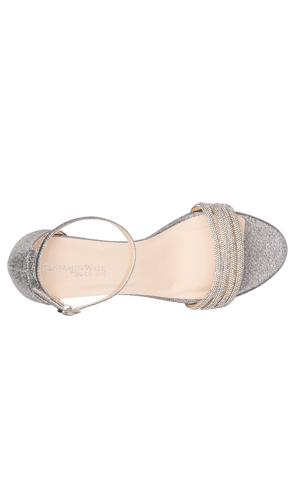 A top view of the Parker Pewter Glitter Prom Shoes: Touch Ups 4658, featuring an open toe, ankle strap, and decorative front strap detailing.