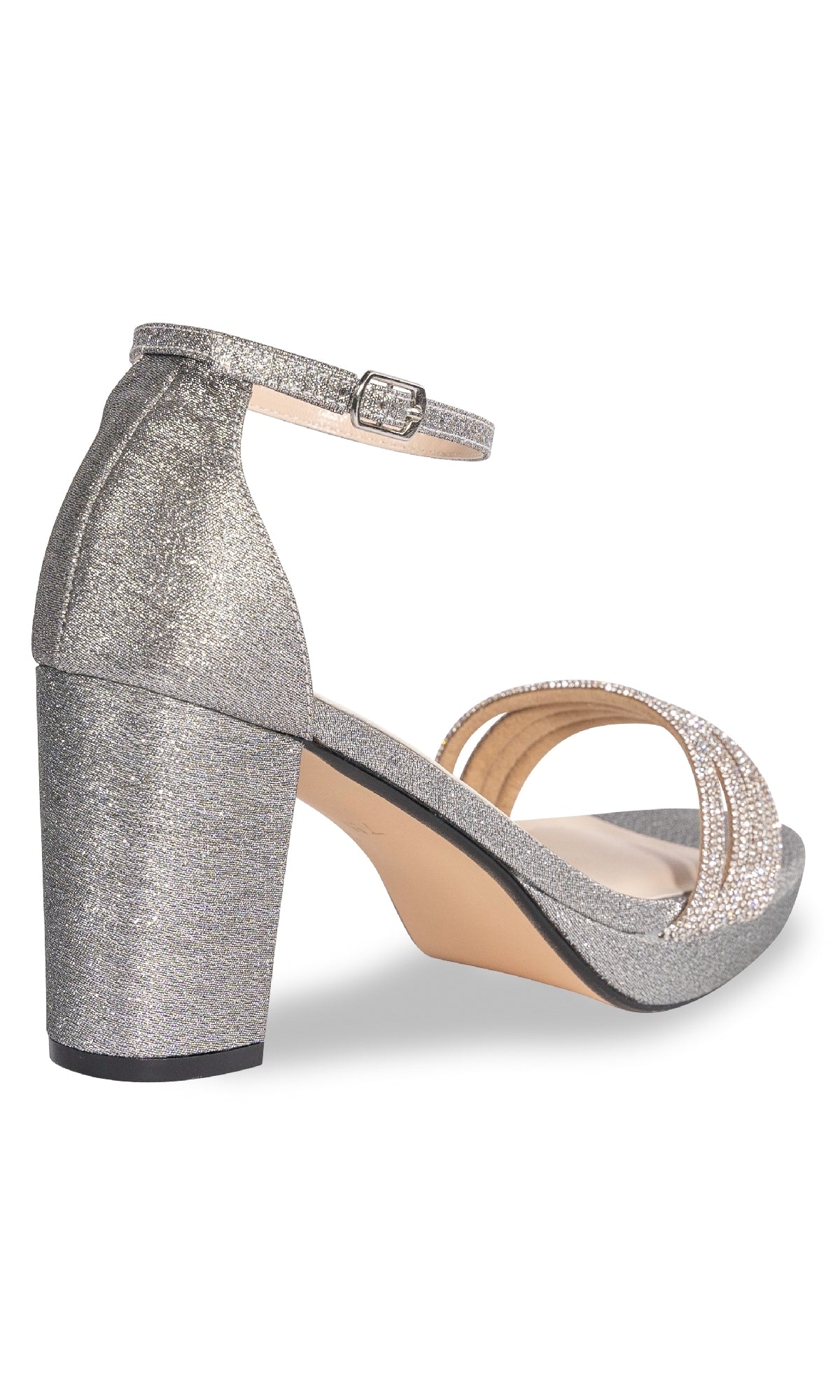 The Parker Pewter Glitter Prom Shoes (Touch Ups 4658) are silver block-heeled sandals with an ankle strap, buckle, and open toe. A rhinestone-embellished front strap adds sparkle—perfect for prom or special occasions.