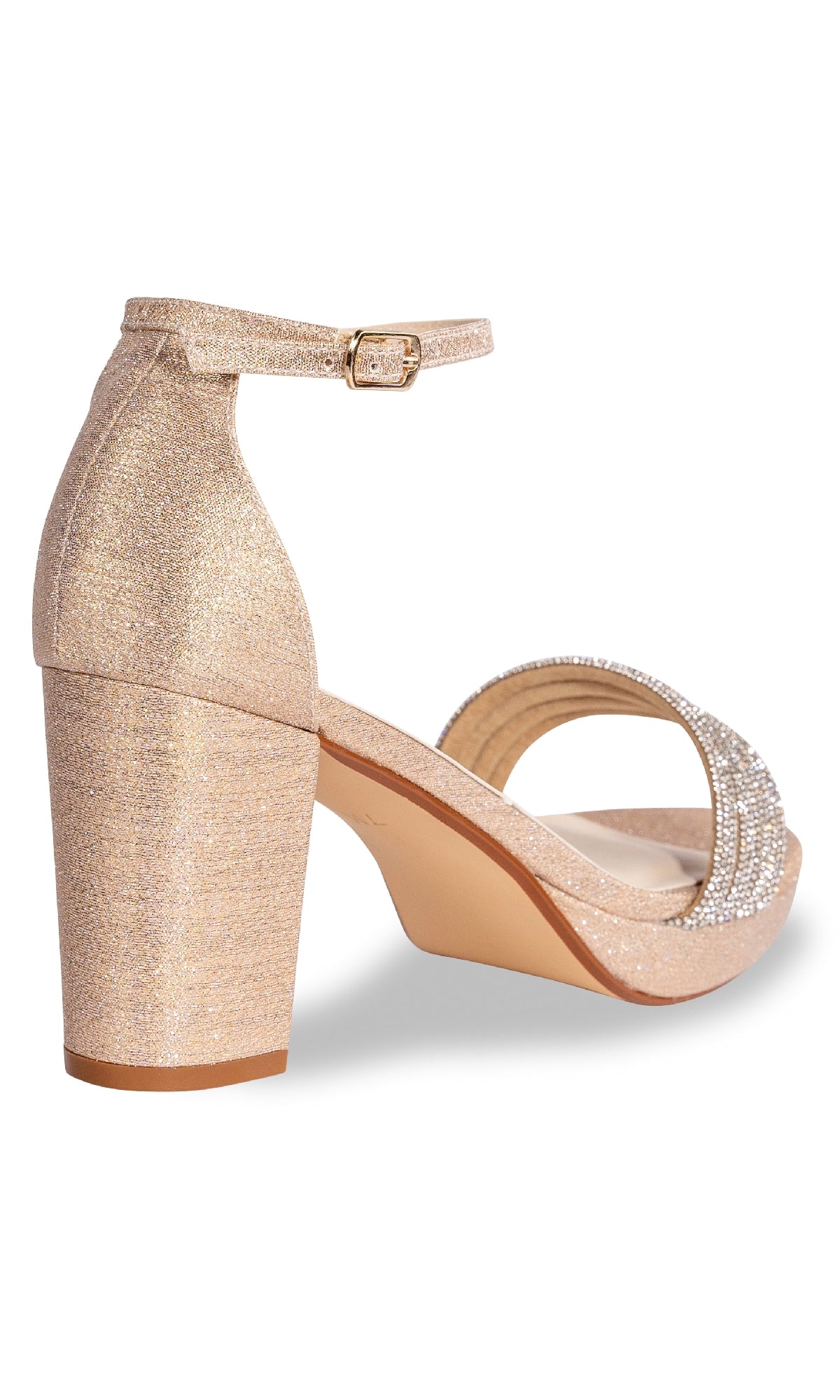 Step into prom night with the Parker Champagne Glitter Prom Shoes: Touch Ups 4659—block heel sandals with an ankle strap, buckle closure, and rhinestone details that make a sparkling open-toe statement.