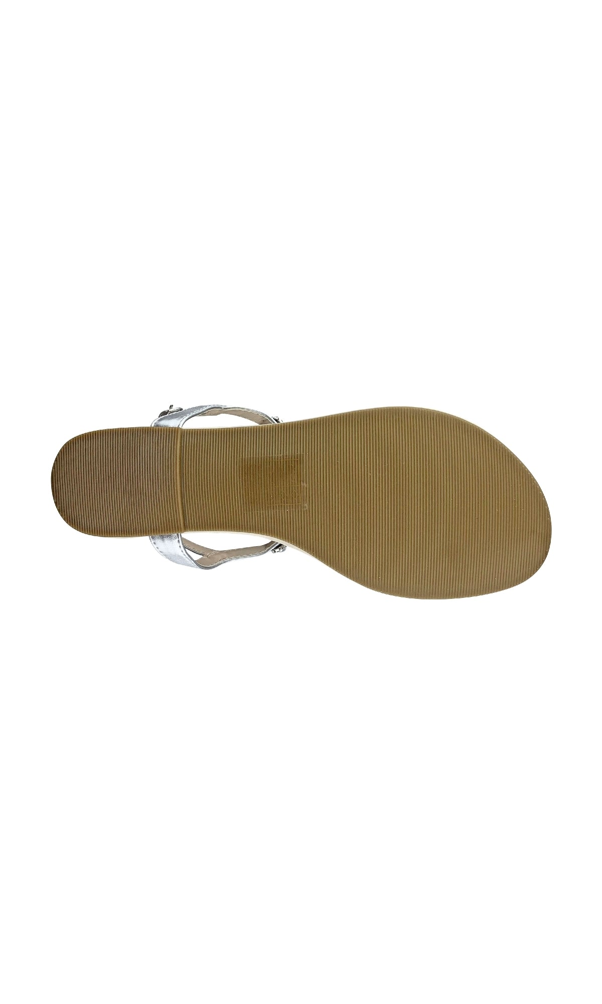 The Paula Silver Thong Sandal Prom Shoes: Touch Ups 4413 features a brown sole with fine horizontal ridges seen from the bottom, and part of the silver upper strap perfect for prom is visible at the top.