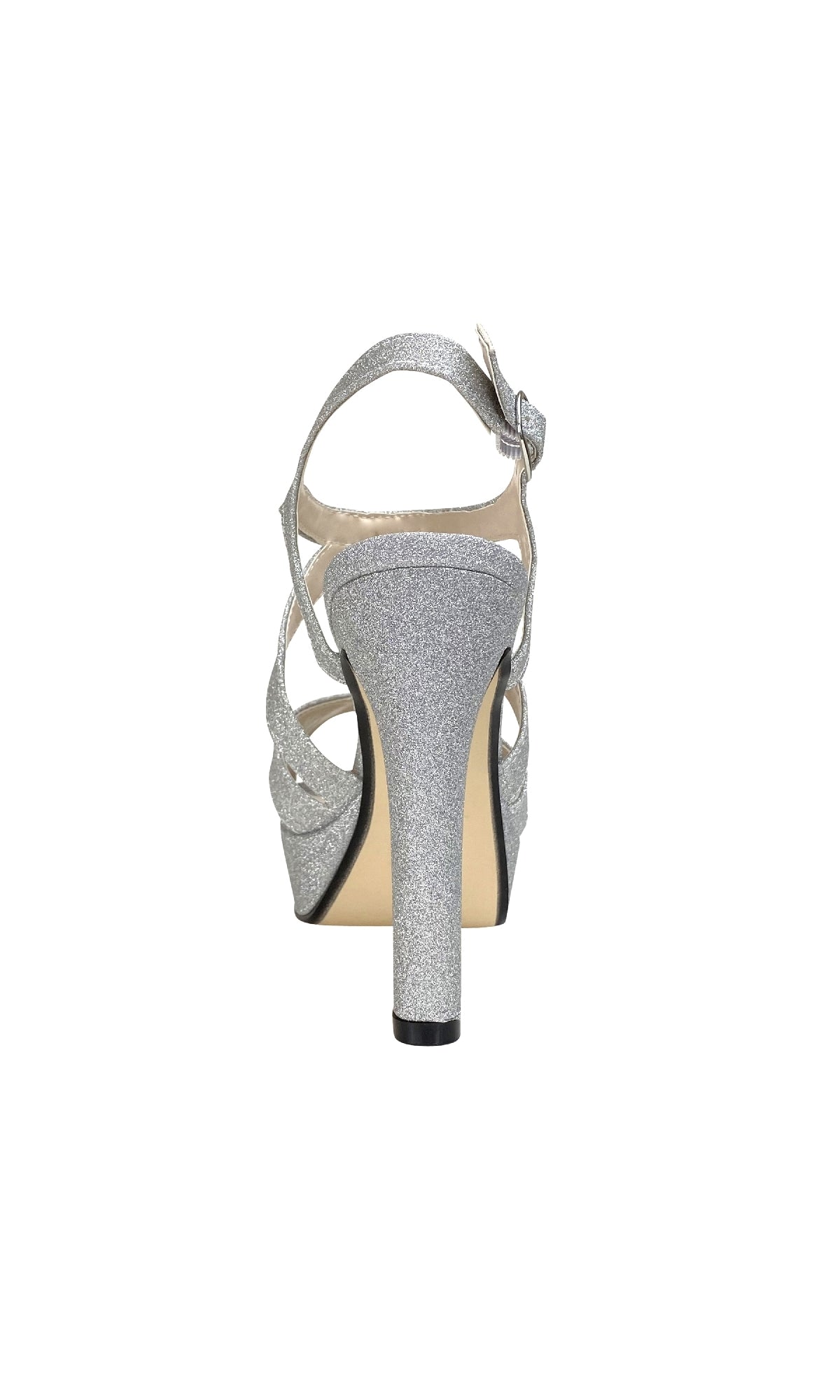 A rear view of the Queenie Silver Glitter Prom Shoes (Touch Ups 4222) highlights the ankle strap with buckle closure and open back, displayed against a white background.