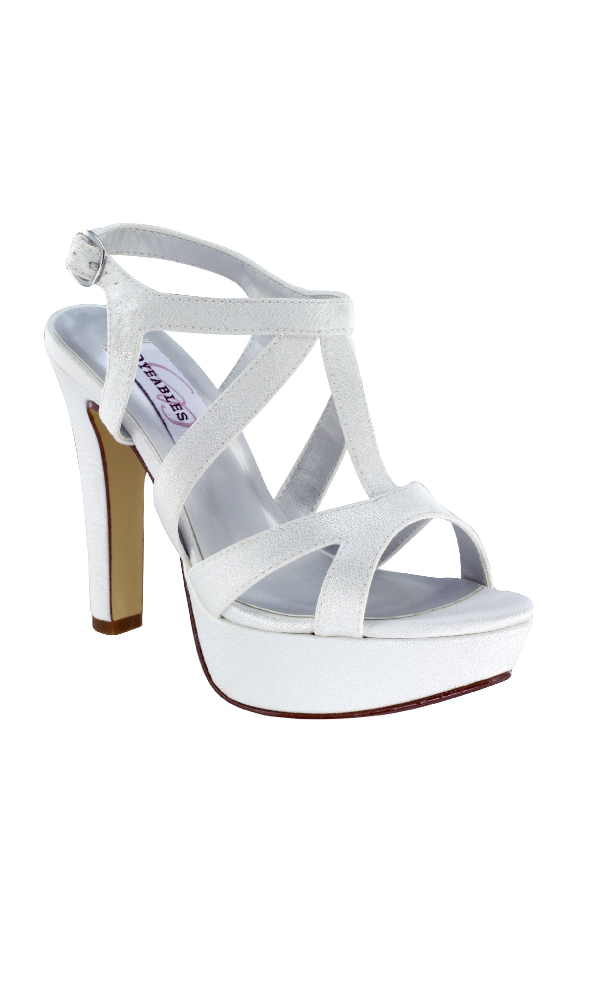 The Queenie White Crepe Prom Shoes by Dyeables 4287 feature open toes, multiple straps, a chic platform sole, and a secure ankle buckle—perfect for adding elegance to your look.