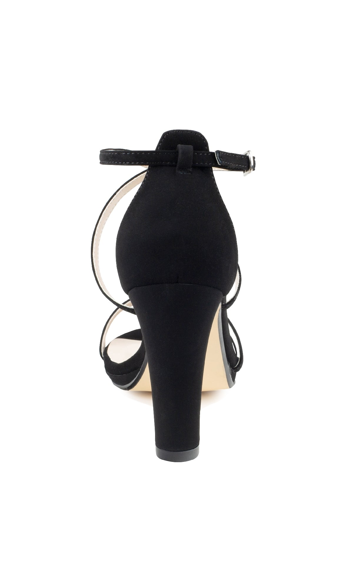 Rear view of Reign Black Formal Prom Shoes: Touch Ups 4645, featuring an ankle strap, closed heel, and open sides for elegant formal prom style, photographed against a white background.