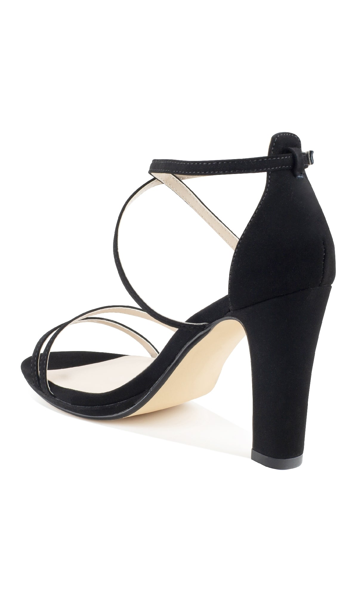 Reign Black Formal Prom Shoes: Touch Ups 4645—black high-heeled sandals with ankle strap and crisscross design, ideal for prom or formal wear, displayed from a rear side angle on a white background.