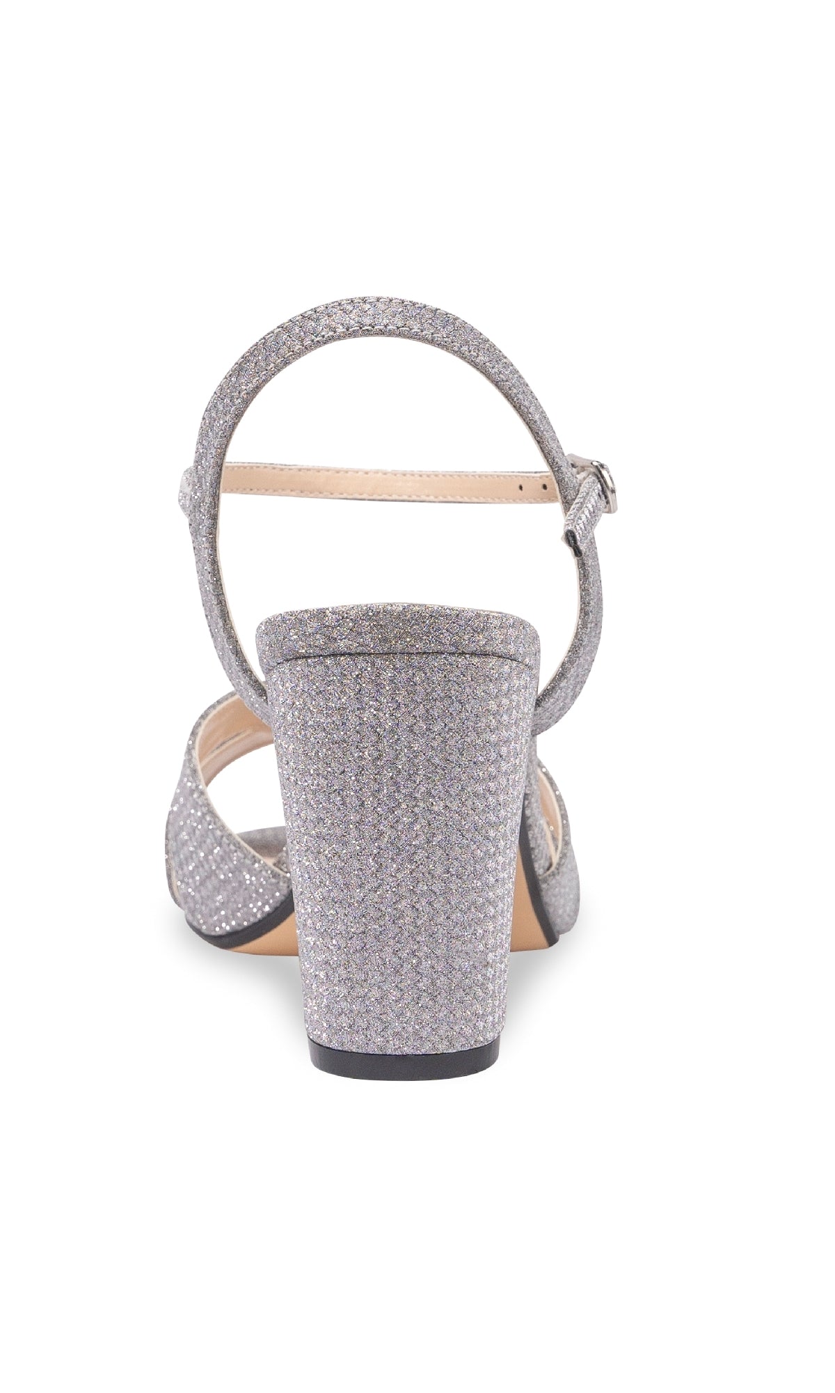 Rear view of Riley High-Heel Silver Prom Shoes: Touch Ups 4656—a glitter block-heeled sandal with ankle strap and adjustable buckle, ideal for making a sparkling entrance at prom.