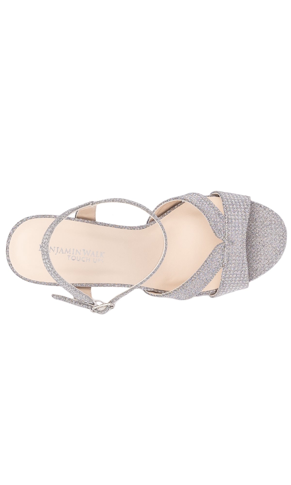 Top view of the Riley High-Heel Silver Prom Shoes: Touch Ups 4656, featuring a glittery silver finish, ankle strap, and open toe—ideal for prom or formal events.