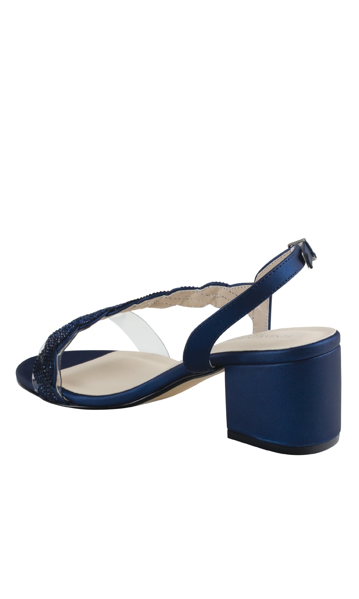 The Ruby Navy Blue Metallic Prom Shoes (Touch Ups 4592) are open-toe sandals with low block heels, a slingback strap, and beaded front straps—perfect for any special occasion.