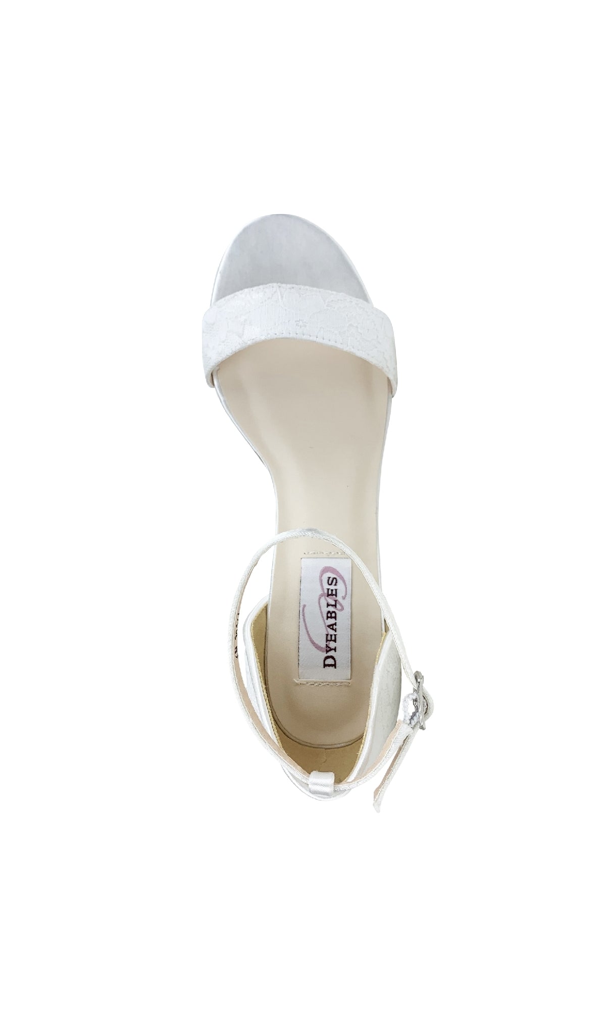 Top view of a single Summer White Lace and Satin Prom Shoe: Dyeables 4258, featuring an ankle strap with buckle and