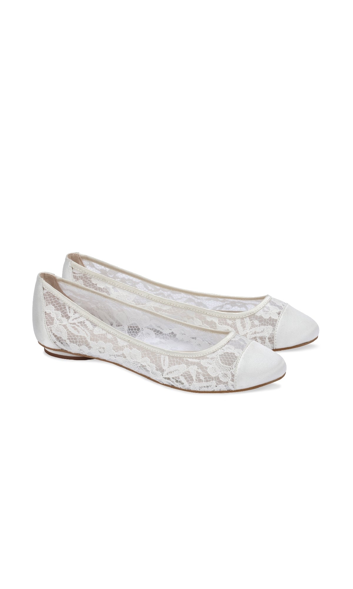 The Sweetie Ivory Lace Prom Shoe Flats by Paradox London (P1612), featuring closed toes and low heels, are elegantly styled and displayed side by side on a white background.