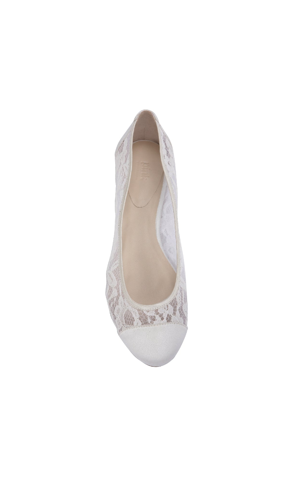 The Sweetie Ivory Lace Prom Shoe Flats by Paradox London (P1612) is a closed-toe slip-on, ideal for prom, shown from above against a plain white background.